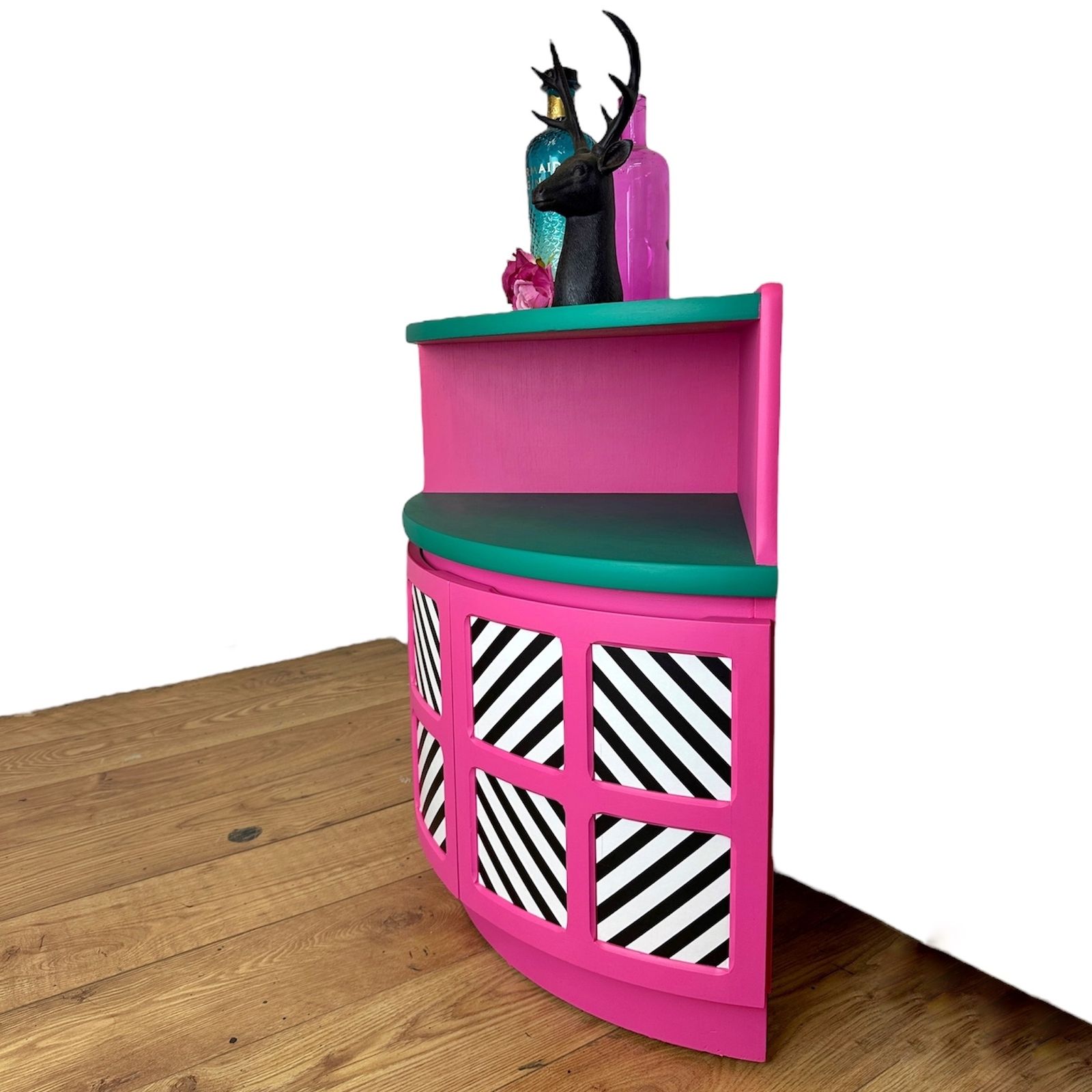 Maximalist Hot Pink And Turquoise Nathan Corner Cabinet With Black And White Geometric Design, Mid Century Modern, Bold, Bright, Statement photo vinterior