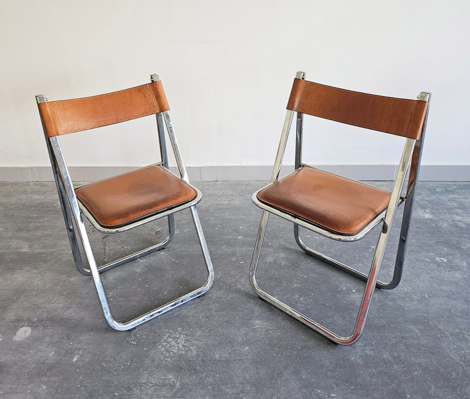 Pair Of Exceptionally Rare Postmodern Folding Chairs By Arrben, Model Tamara, With Cognac Leather // Made In Italy In 1970s