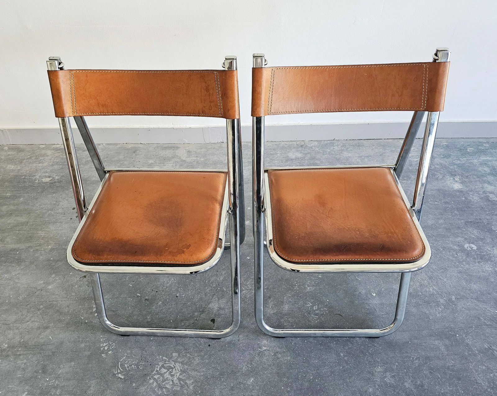 Pair Of Exceptionally Rare Postmodern Folding Chairs By Arrben, Model Tamara, With Cognac Leather // Made In Italy In 1970s photo 1500.0