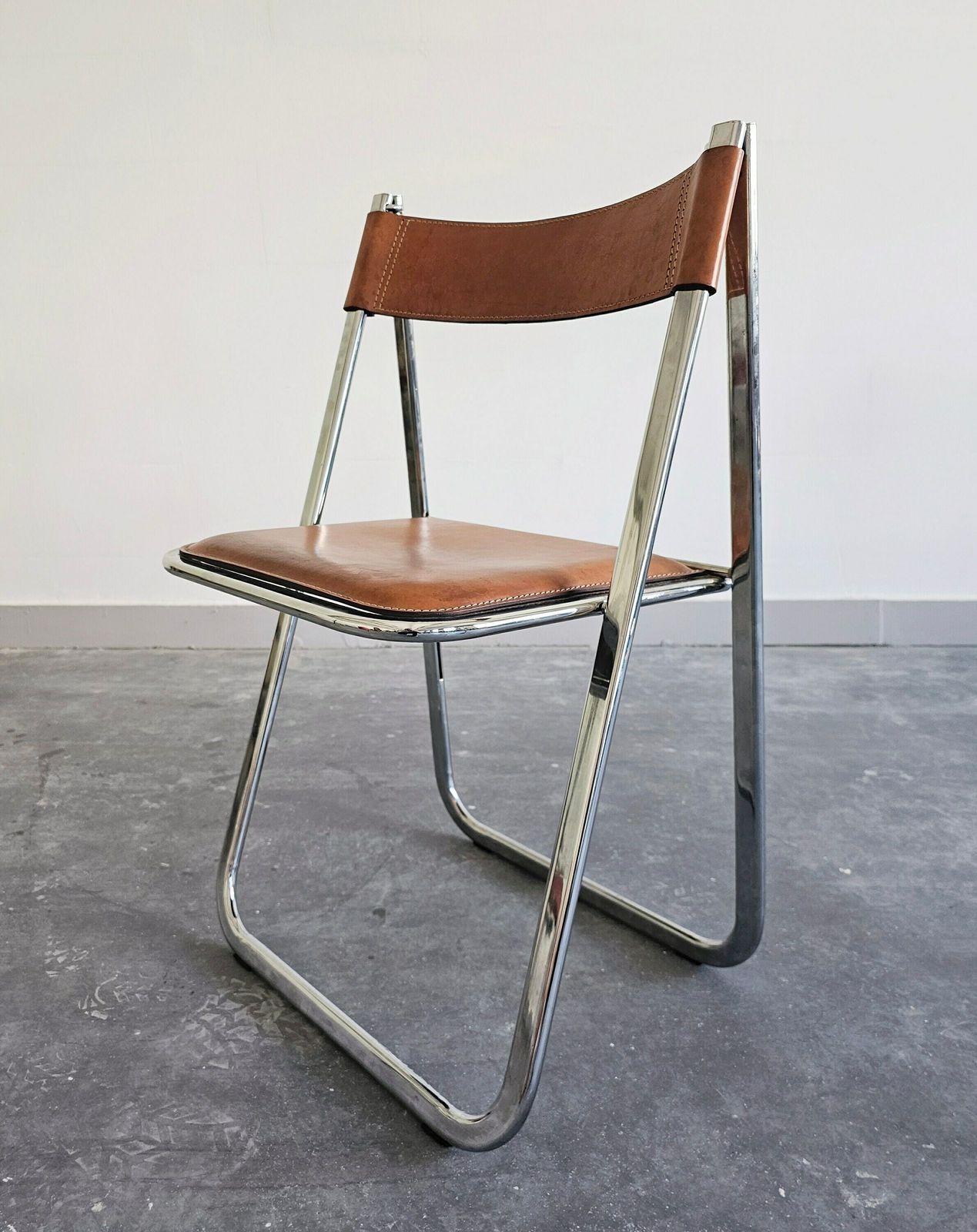 Pair Of Exceptionally Rare Postmodern Folding Chairs By Arrben, Model Tamara, With Cognac Leather // Made In Italy In 1970s photo vinterior
