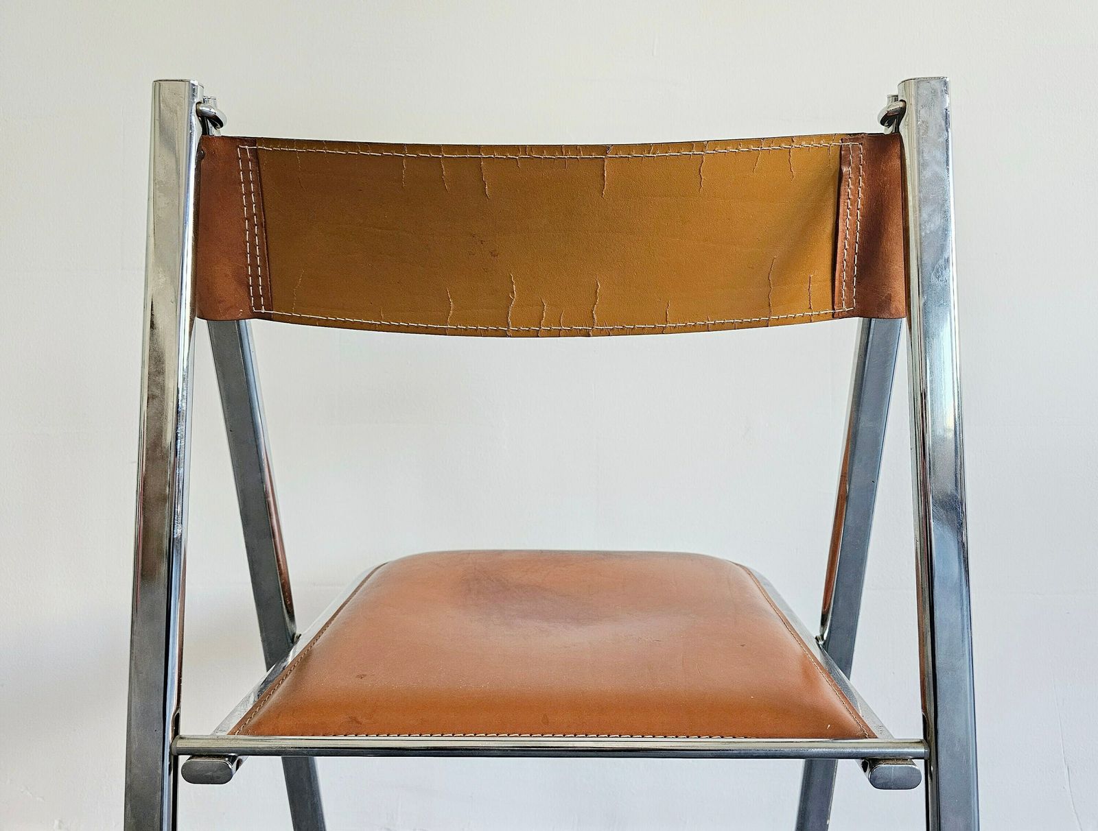 Pair Of Exceptionally Rare Postmodern Folding Chairs By Arrben, Model Tamara, With Cognac Leather // Made In Italy In 1970s photo buy