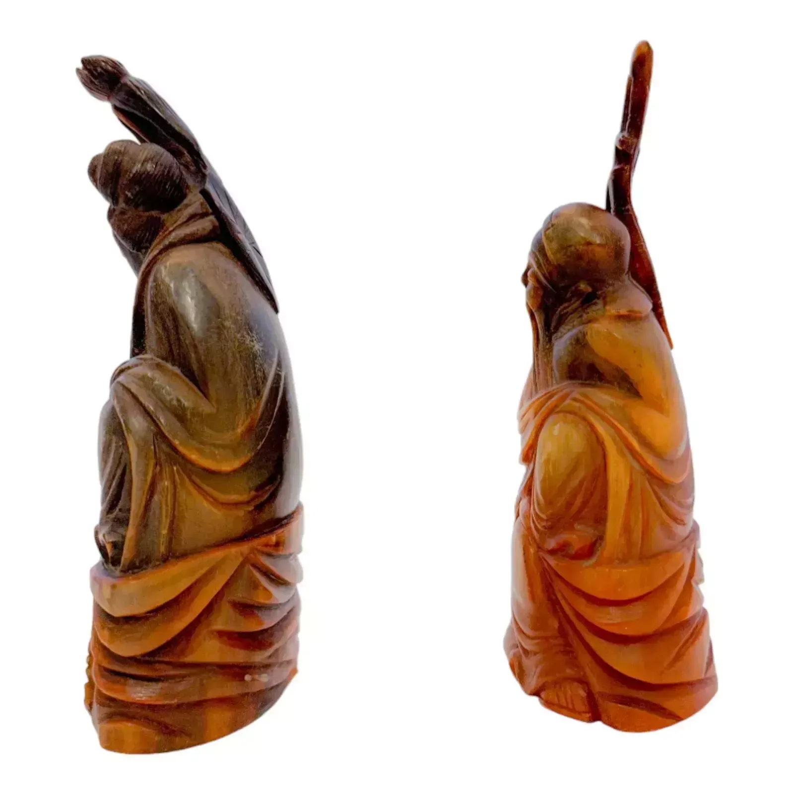 Antique Chinese Pair Of Immortals / Deities Carving Figurine Staff, C.19 photo Home Decor