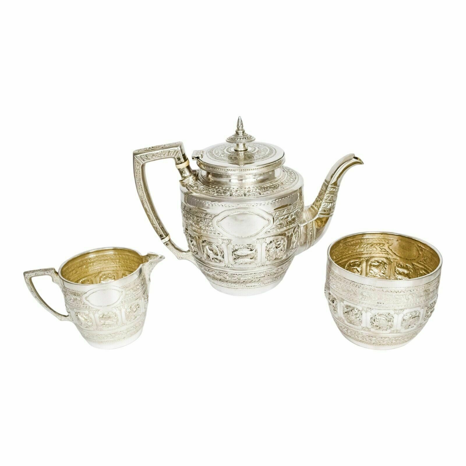 Antique Victorian 3 Piece Tea Set Embossed With Zodiac Signs   Indian / Tibetan photo furniture