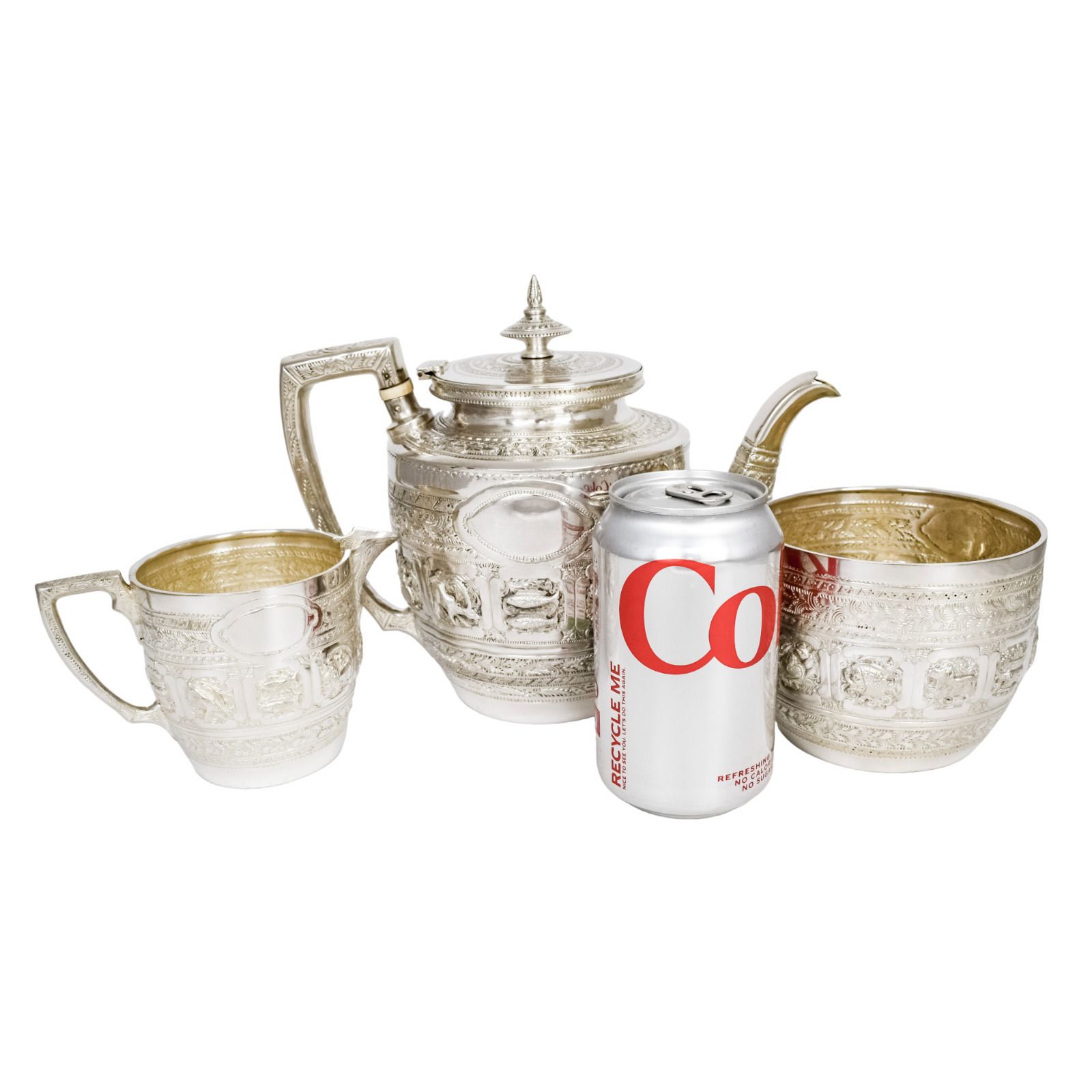 Antique Victorian 3 Piece Tea Set Embossed With Zodiac Signs   Indian / Tibetan photo for sale
