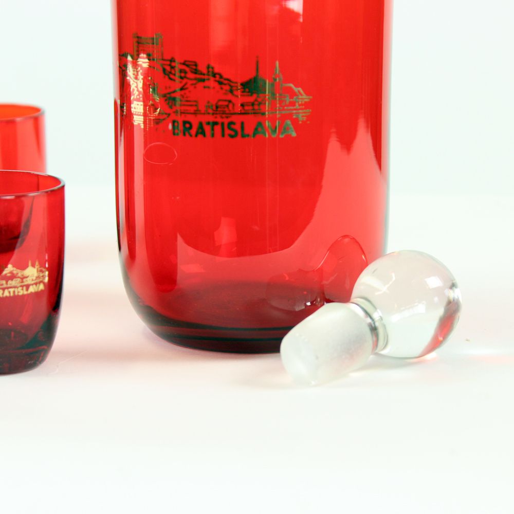 Midcentury Alcohol Bottle & Shots Set In Red Glass, Czechoslovakia Circa 1960s photo 220.0