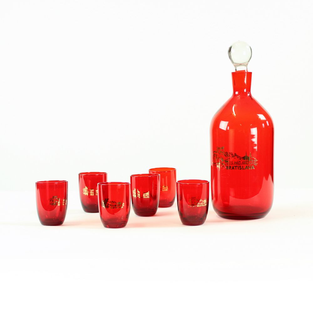 Midcentury Alcohol Bottle & Shots Set In Red Glass, Czechoslovakia Circa 1960s