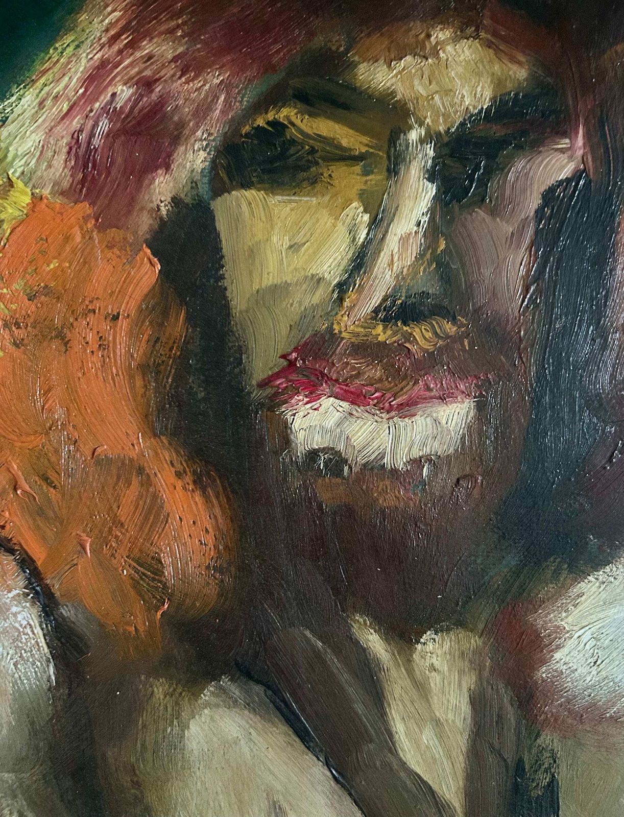 Expressive 1940s French Oil Painting On Canvas (Marouflage) Female Nude photo vintage