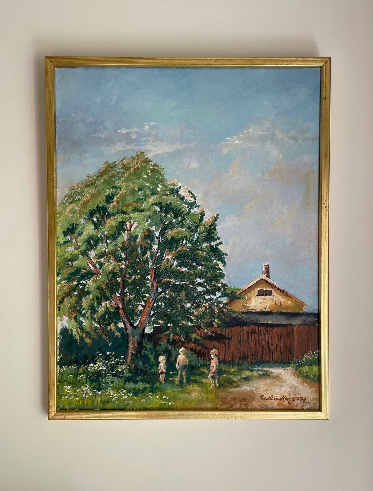Vintage Framed Swedish Original Oil Painting For Nursery Child’s Room, Antique Wall Art, Vertical Art Of Countryside And Greenery With Sky