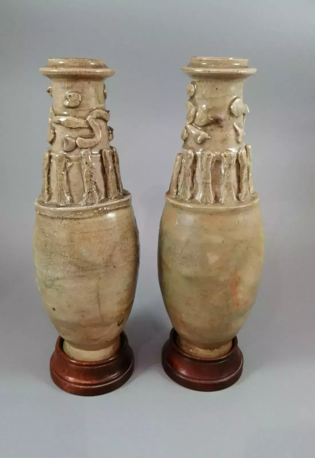 Couple Of Antique Chinese Celadon Funeral Vases, Song Dynasty (960 To 1279). photo Home Decor