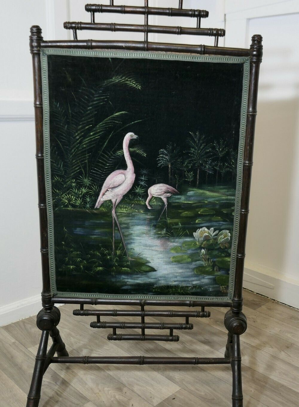 Black Lacquer Oriental Fire Screen, Painted With Flamingos photo furniture