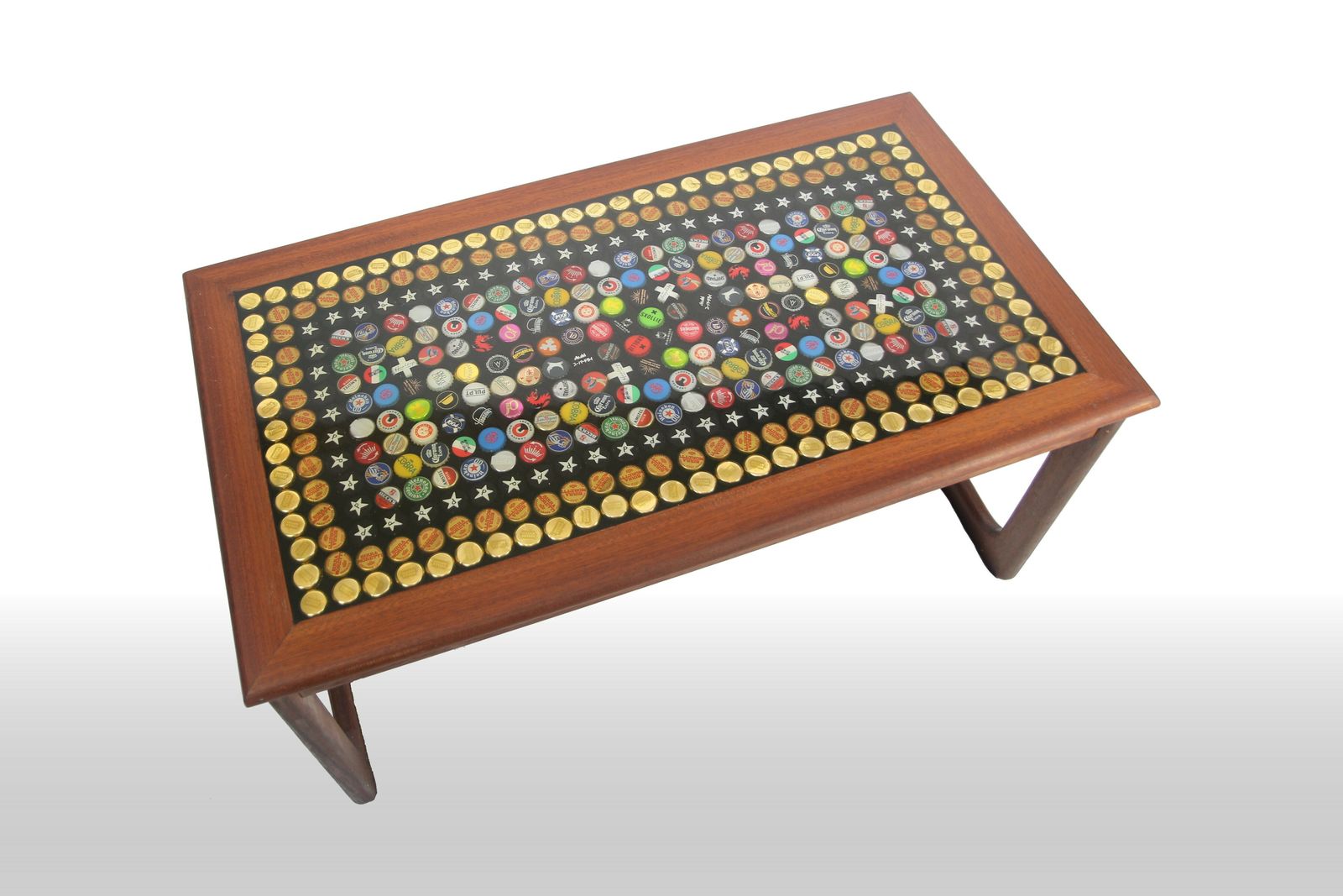 Up Cycled Mid Late Century Hard Wood Coffee Table, With Radially Repeating Decorative Inlay