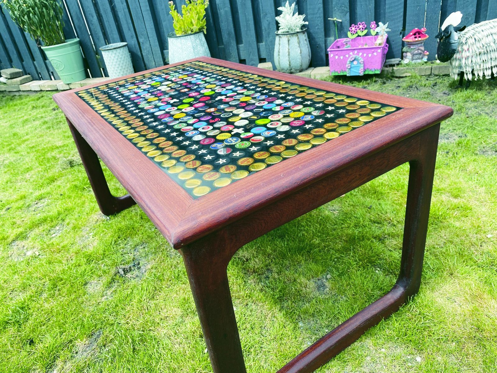 Up Cycled Mid Late Century Hard Wood Coffee Table, With Radially Repeating Decorative Inlay photo vinterior