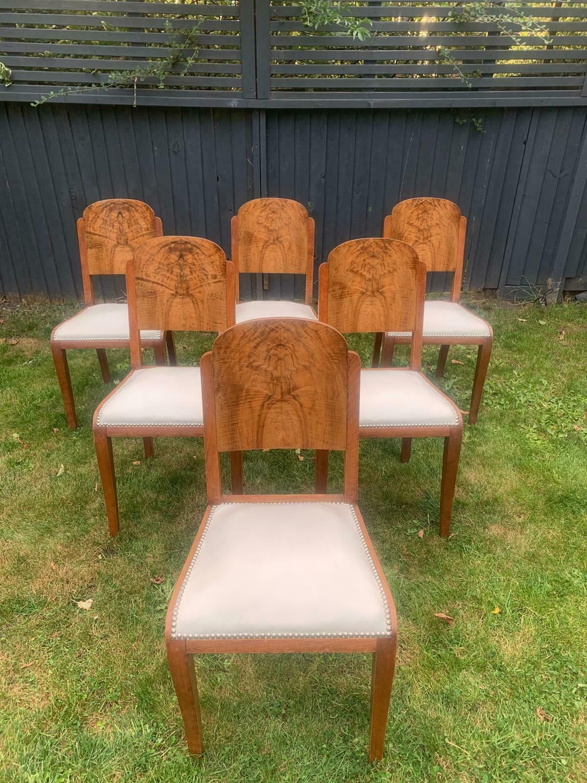 Art Deco French Burr Walnut Set Of 6 Dining Chairs