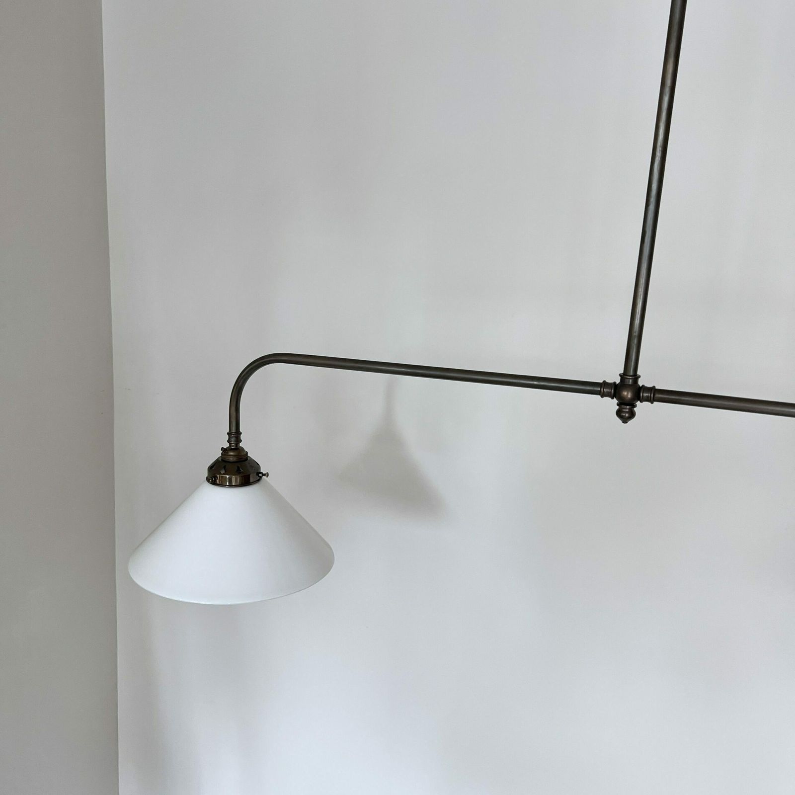 Newly Made Antique Brass Pendant With Galleries And White Conical Glass Shades photo vintage