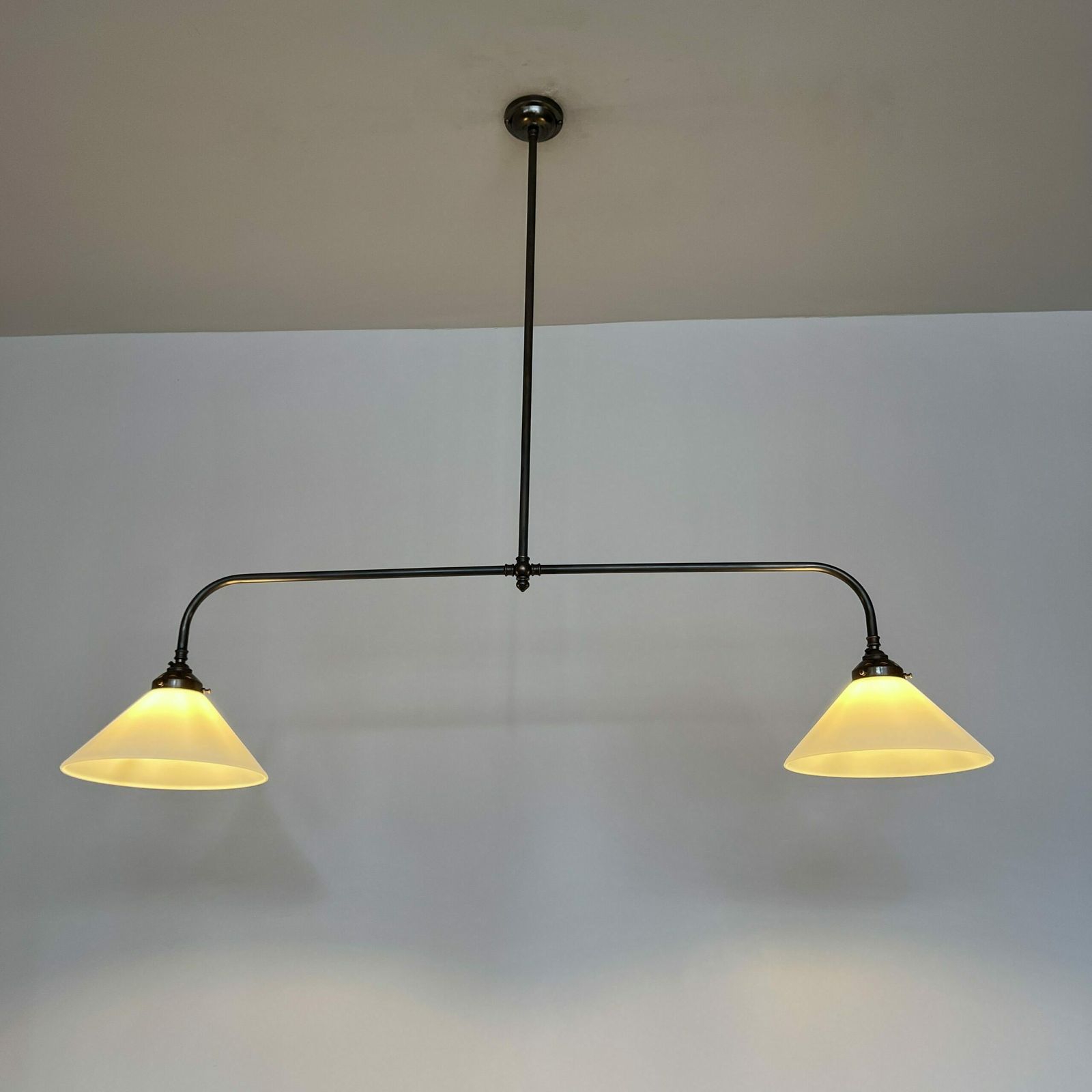 photo for sale Newly Made Antique Brass Pendant With Galleries And White Conical Glass Shades