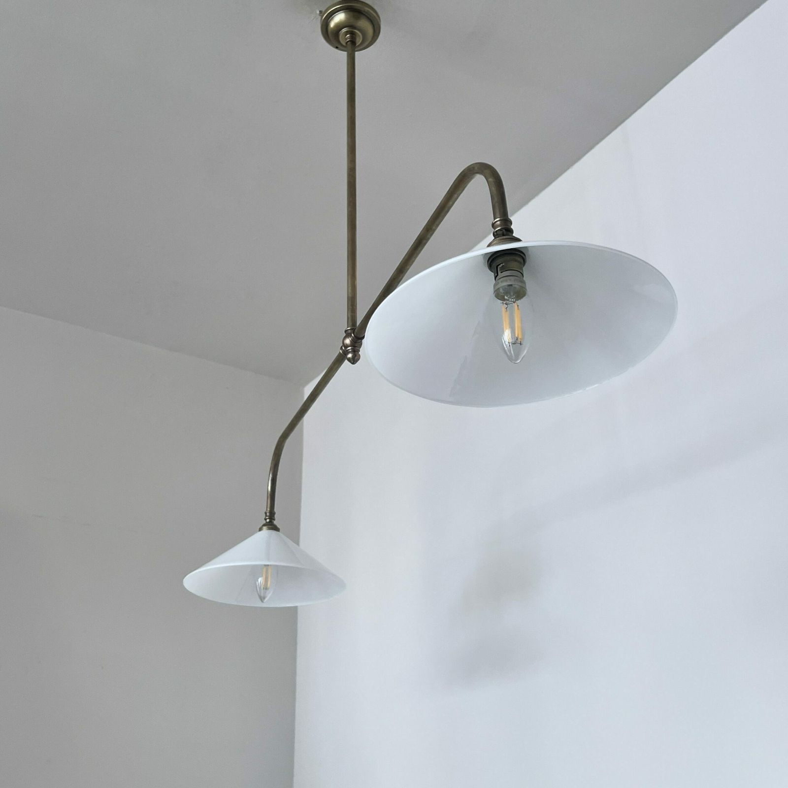 Newly Made Antique Brushed Brass Pendant With White Conical Glass Shades photo for sale