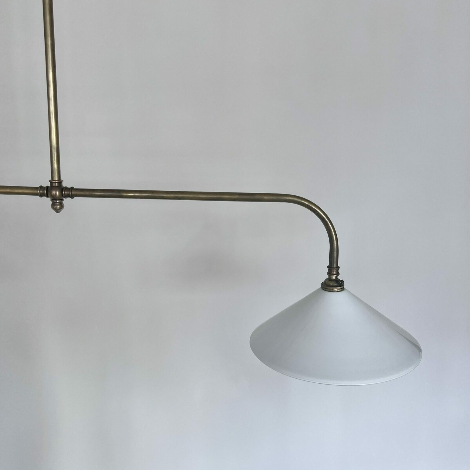 Newly Made Antique Brushed Brass Pendant With White Conical Glass Shades photo vinterior