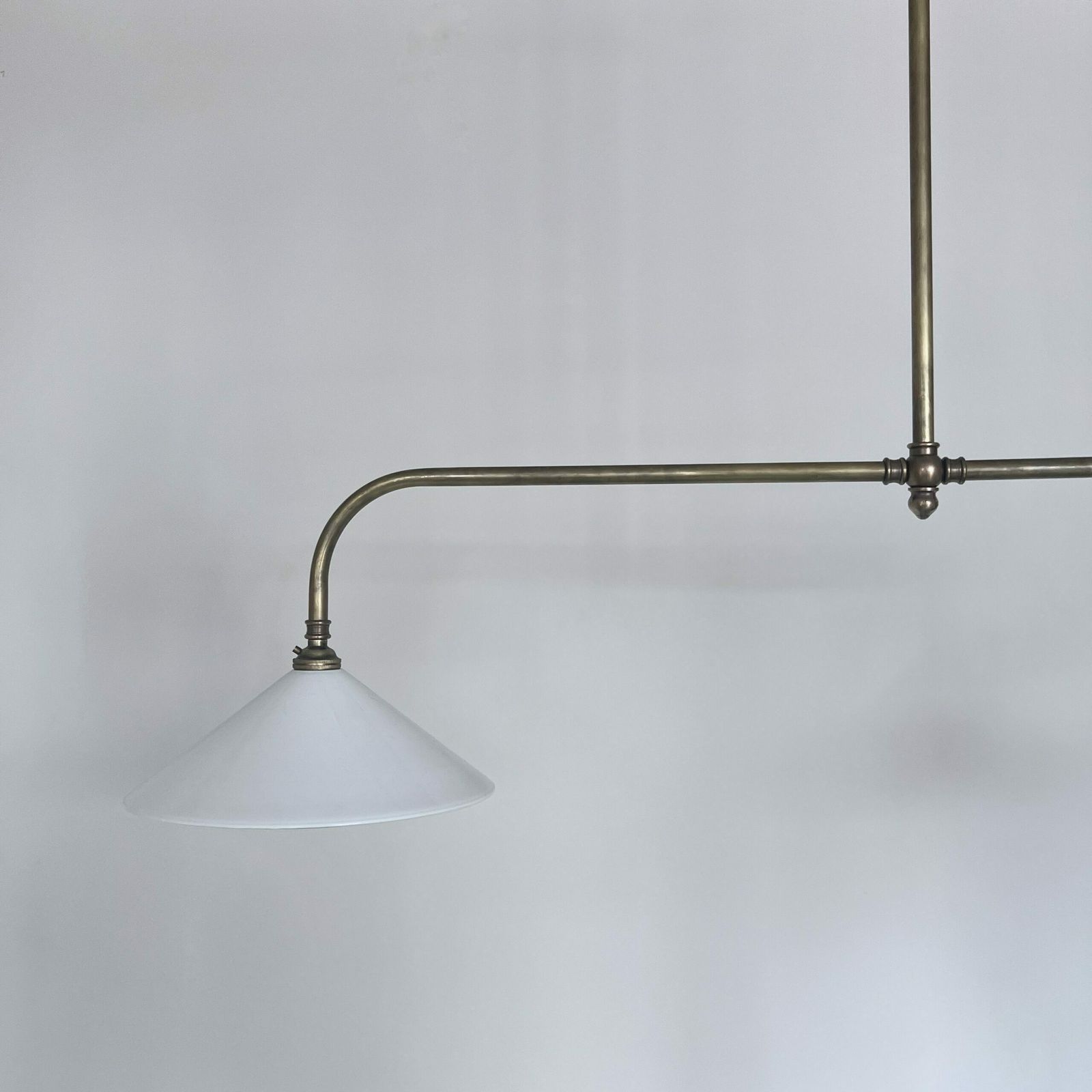 Newly Made Antique Brushed Brass Pendant With White Conical Glass Shades photo vintage