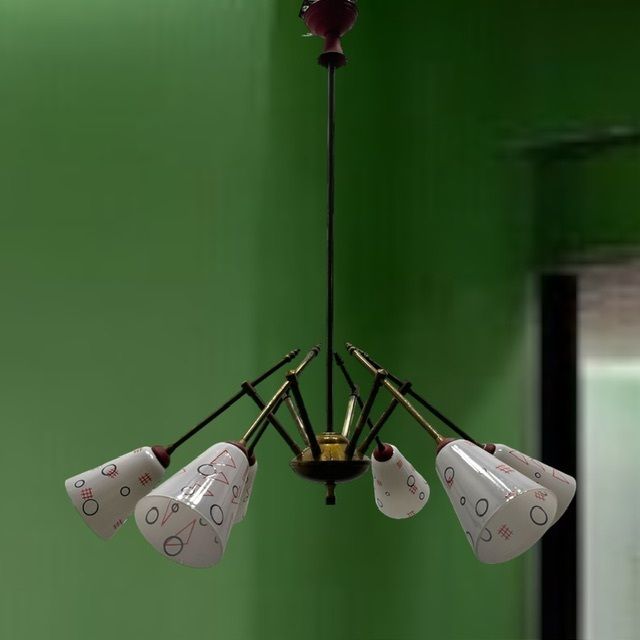 Italian Geometric Bronze Chandelier 1950’s photo furniture