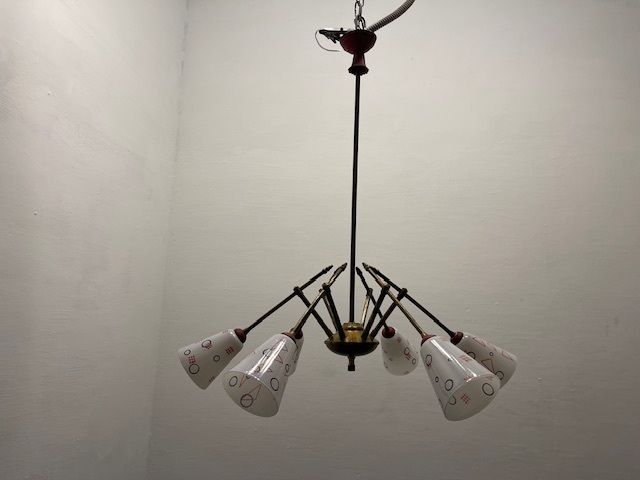 Italian Geometric Bronze Chandelier 1950’s photo vintage