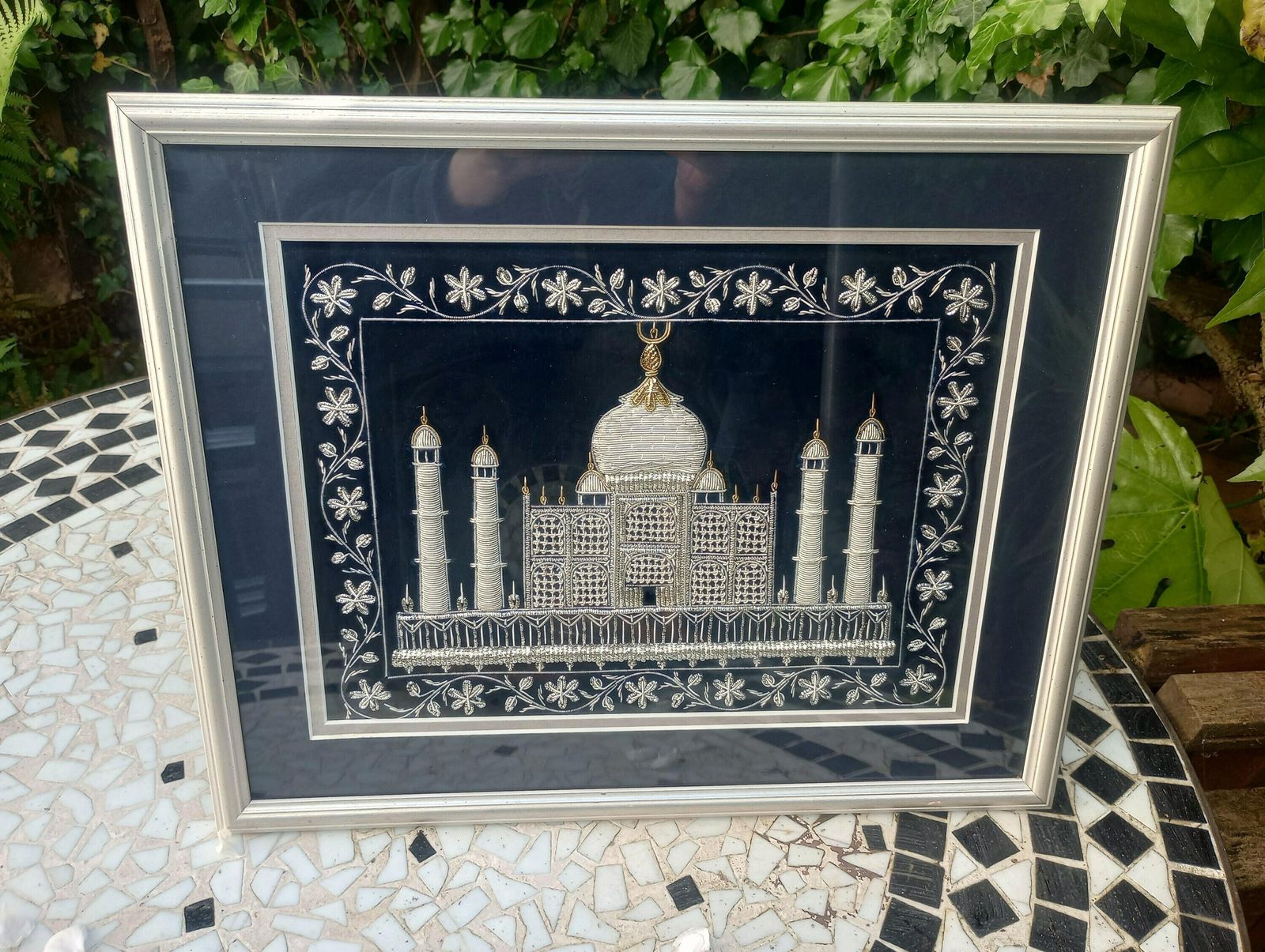 Beautiful Gold And Silver Vintage Stump Work Taj Mahal Embroidery, Framed And Glazed photo 90.0