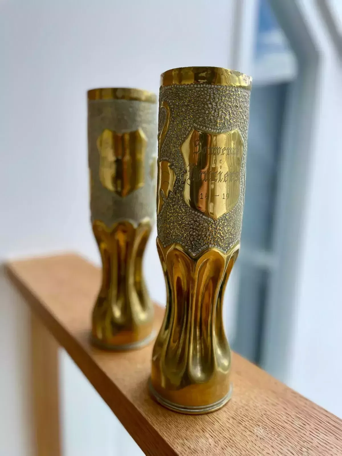 Home Decor A Pair Of Brass Trench Art Vases With Vine Pattern "Souvenir De Vouziers 14 19" photo