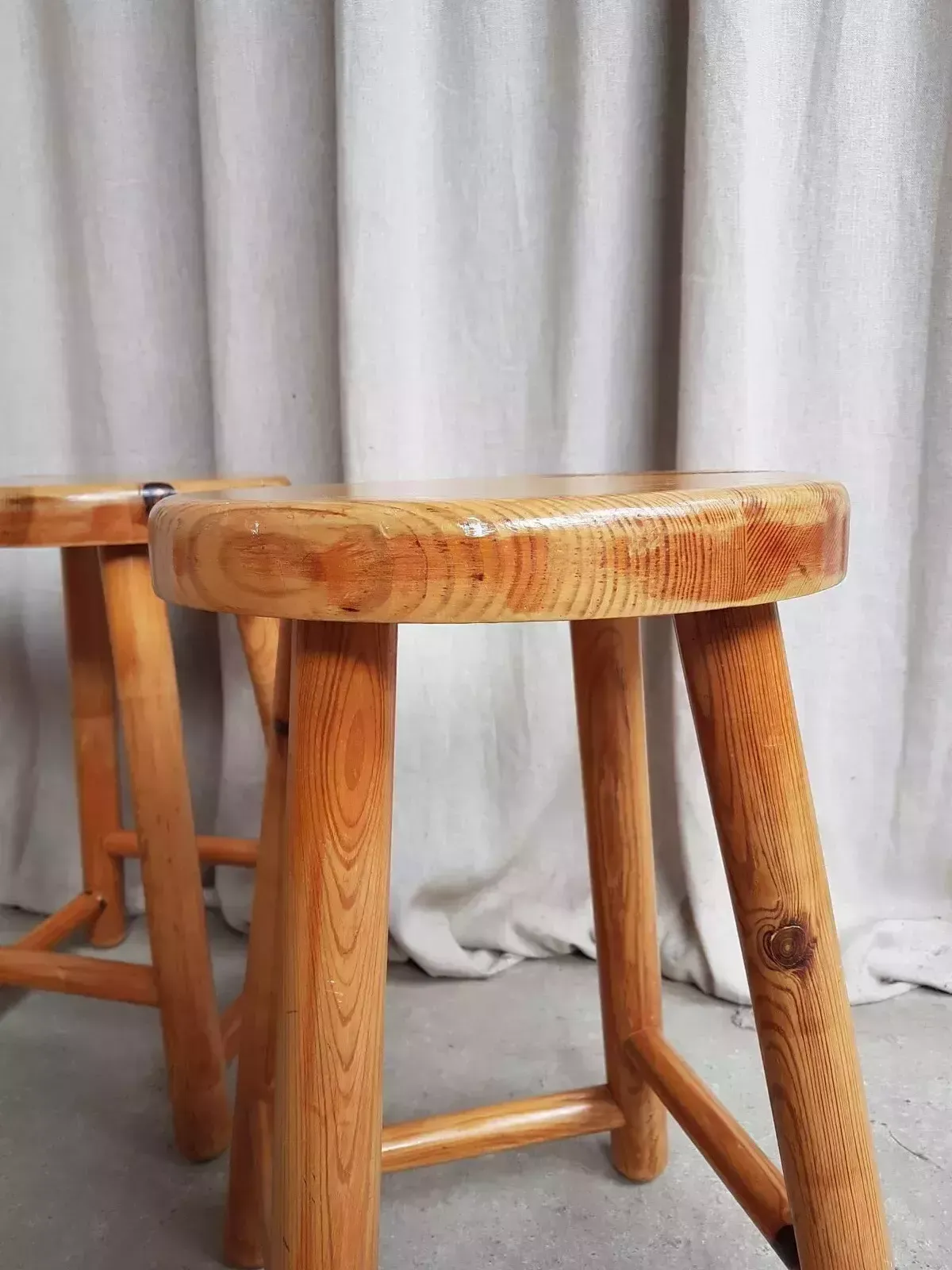 Vtg Late Mid Century Set Of 3 Pine Kitchen Bar Stools Retro Modernist R552 photo buy
