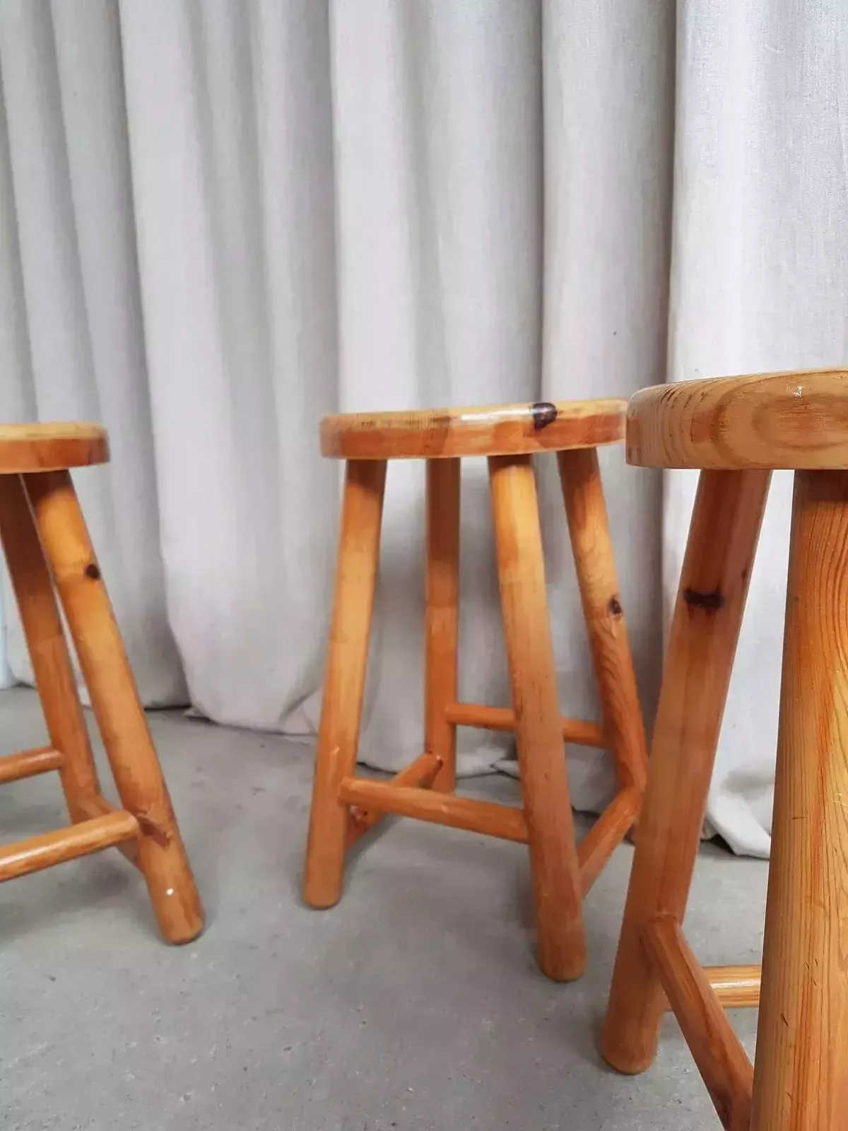 Vtg Late Mid Century Set Of 3 Pine Kitchen Bar Stools Retro Modernist R552 photo vintage