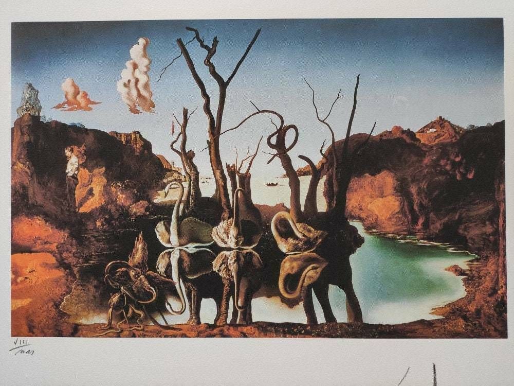 Salvador Dali Hand Signed Lithograph   Swans Reflecting Elephants   Salvador Da photo furniture
