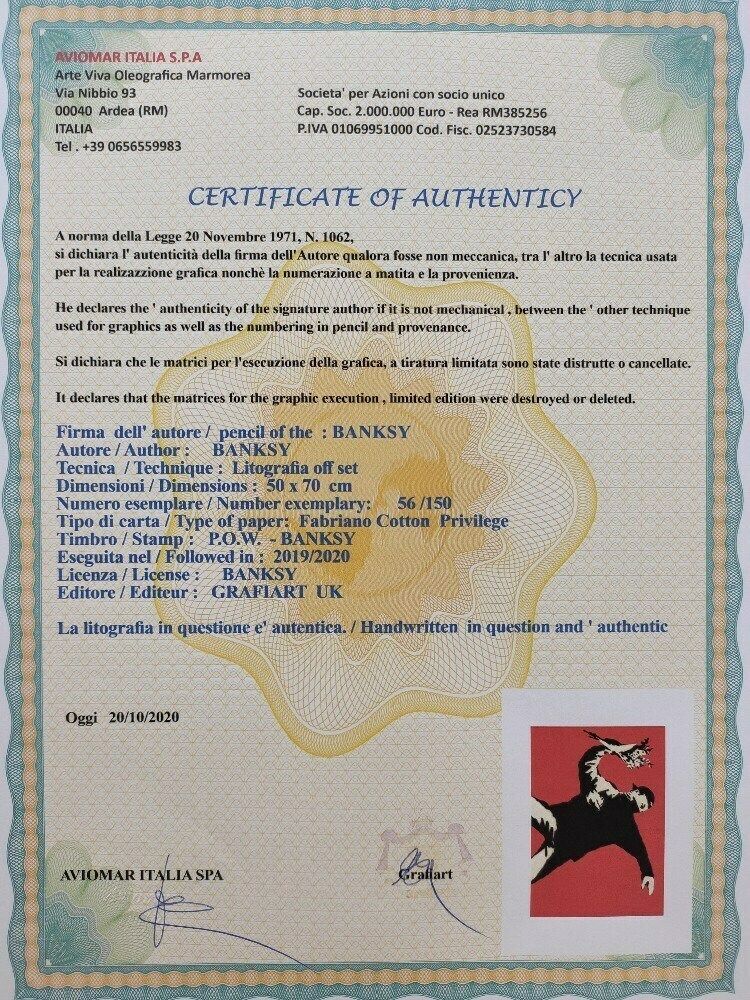 Banksy Flower Thrower   Certificate (Banksy Flower Bomber, Banksy Wall Art, Bank photo furniture