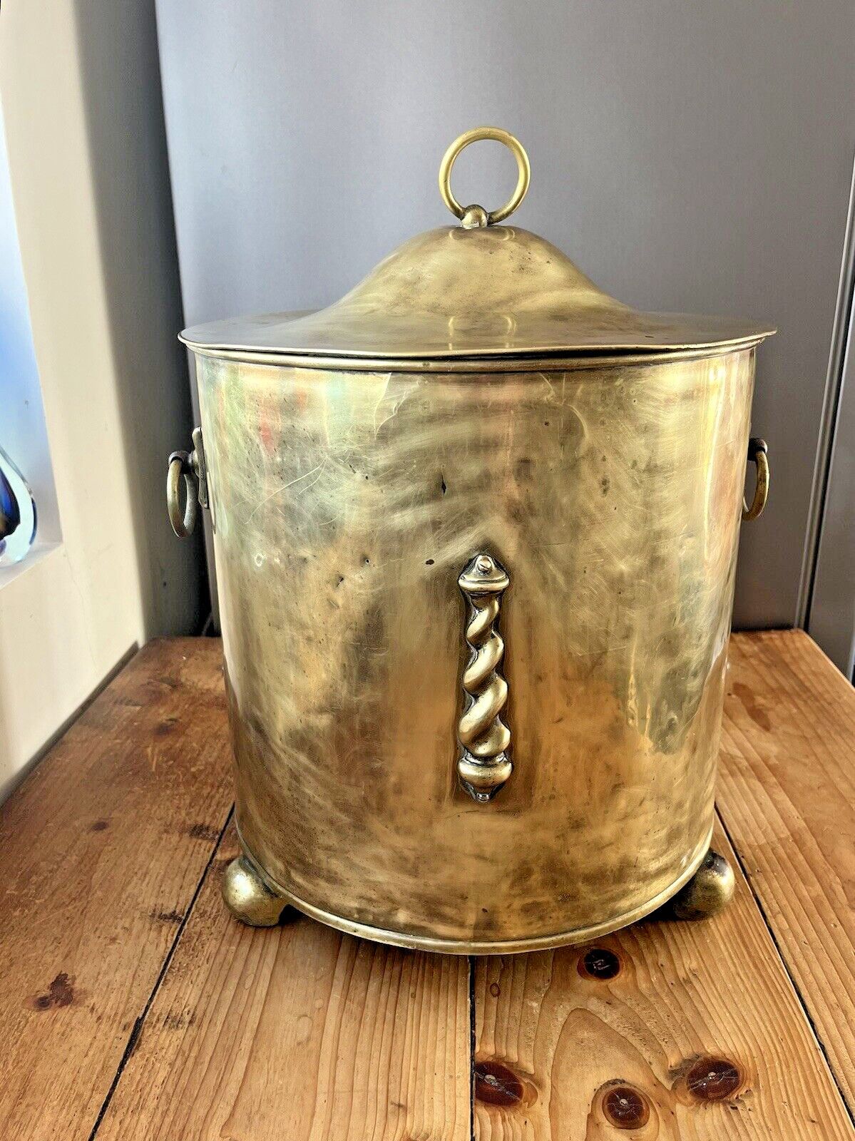 Large Antique 30's Art Deco Brass Lidded Coal Log Box Storage Bucket Bin Vintage