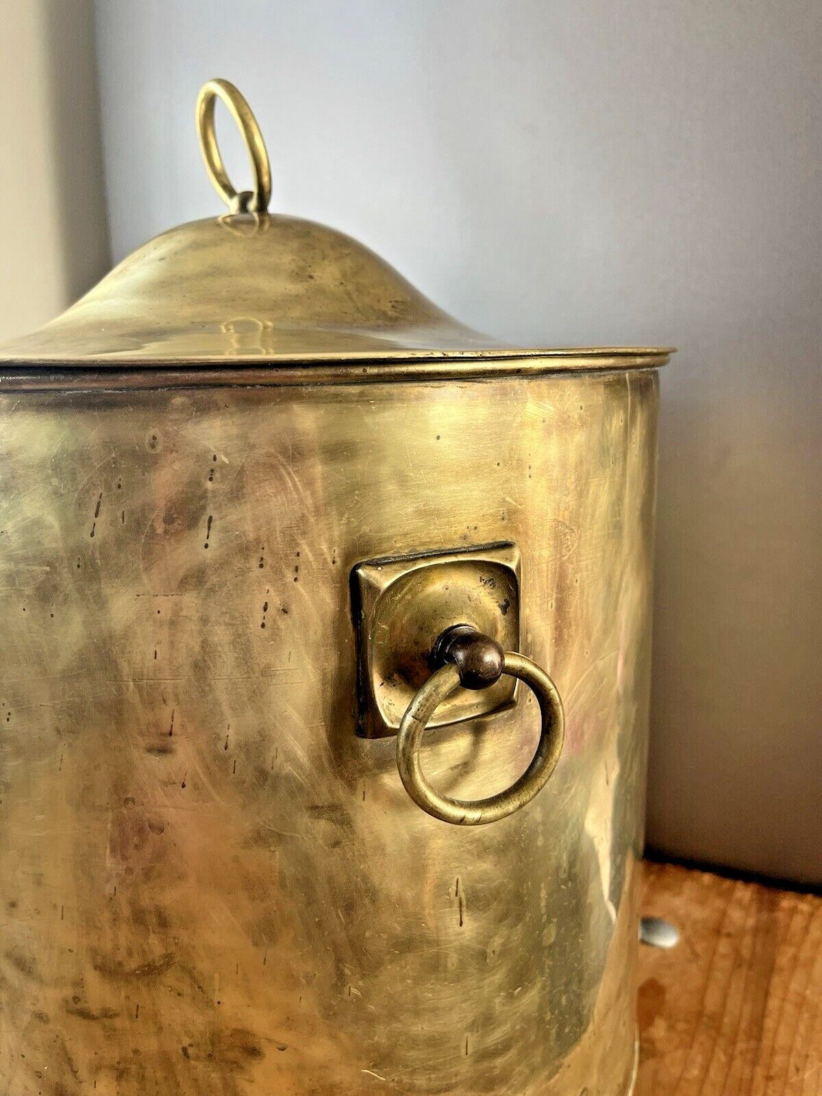 160.0 Large Antique 30's Art Deco Brass Lidded Coal Log Box Storage Bucket Bin Vintage photo