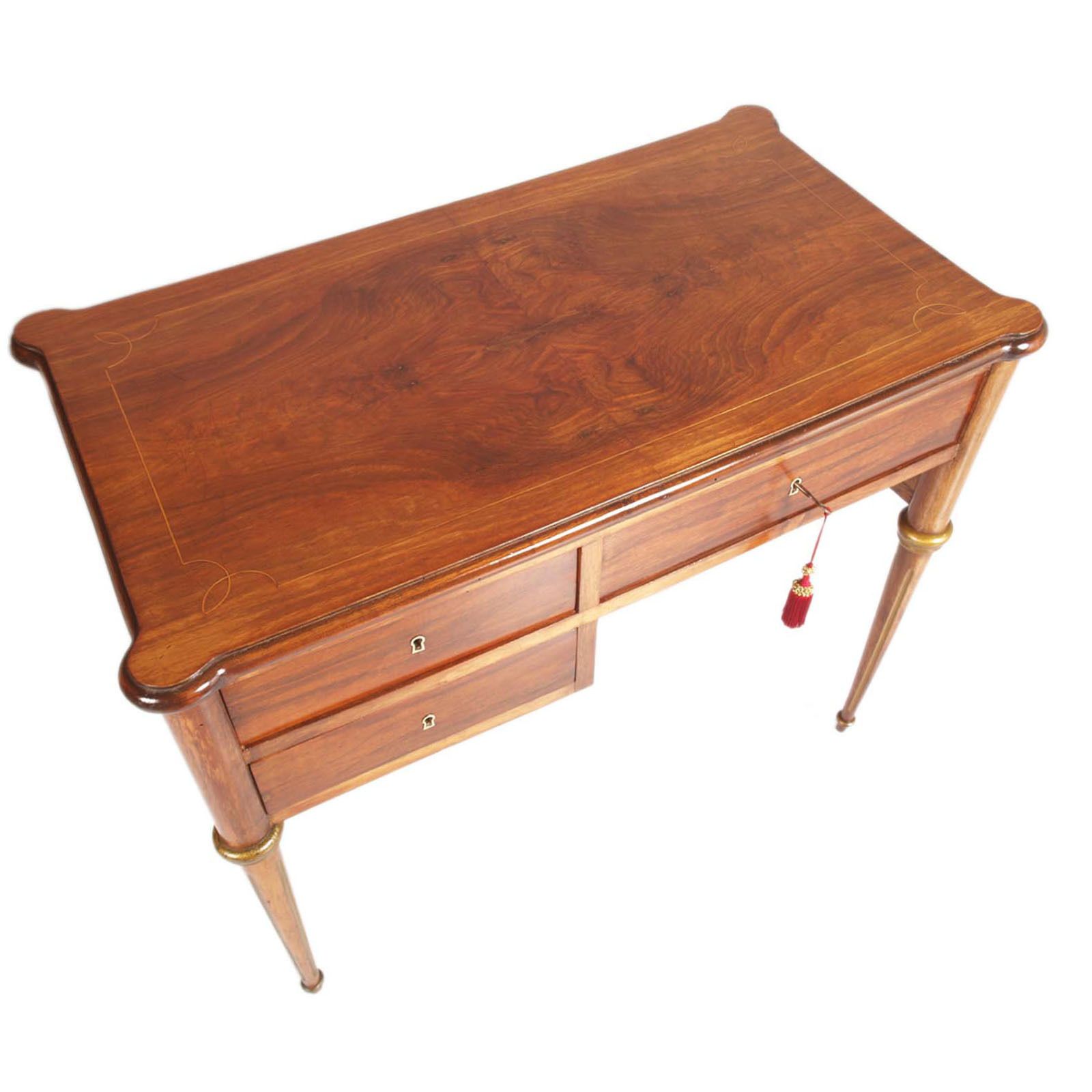 Neoclassical Blond Walnut & Flame Applied Walnut Burl Desk, Late 1800s photo vinterior