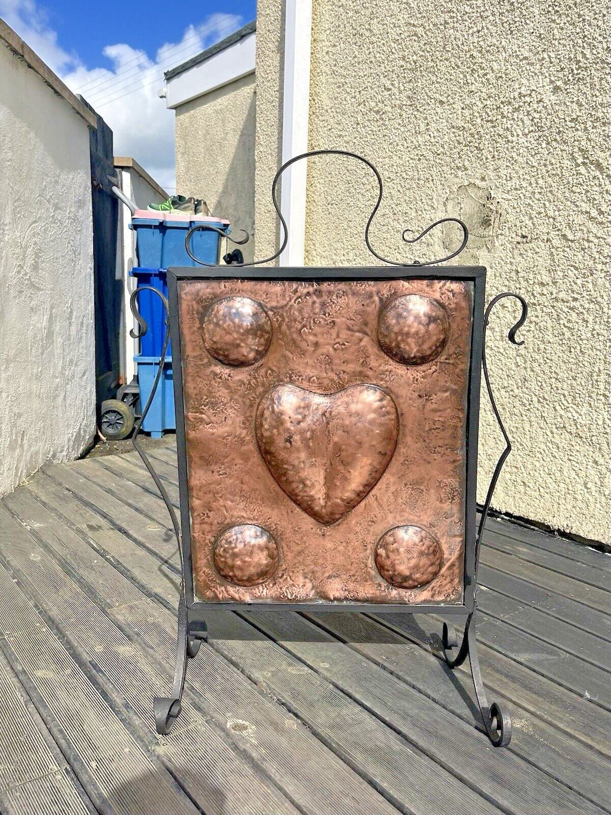 Antique Art Nouveau Heart & Roundel Copper & Wrought Iron Fire Guard Screen Af photo Home Fixtures