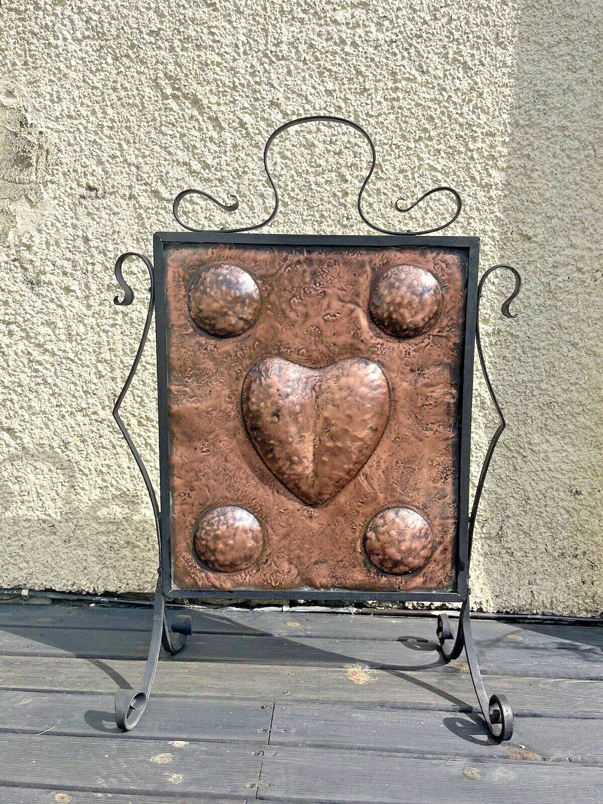 Antique Art Nouveau Heart & Roundel Copper & Wrought Iron Fire Guard Screen Af photo vinterior
