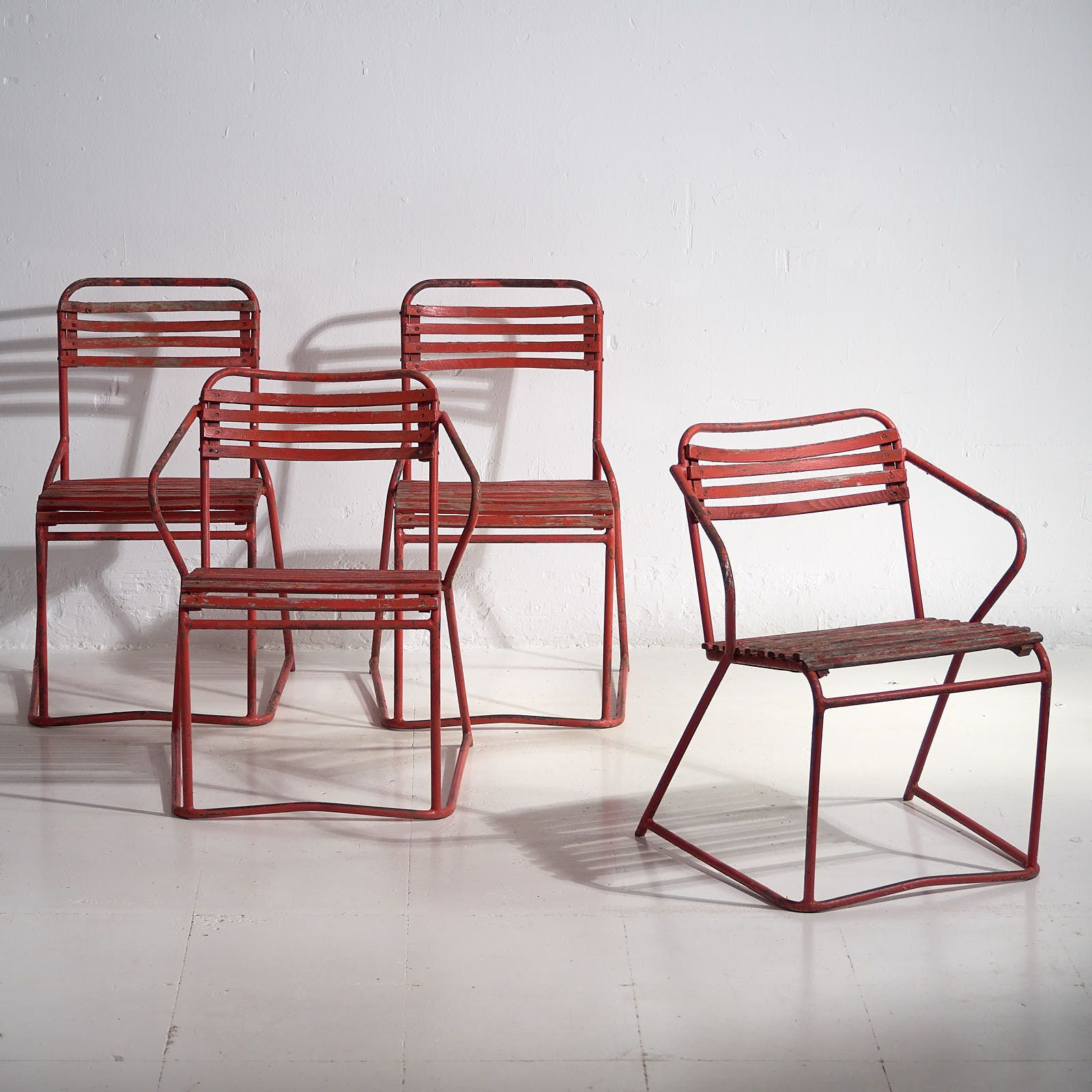 Antique Red Garden Chairs (C.1920). Set Of 4 Pieces