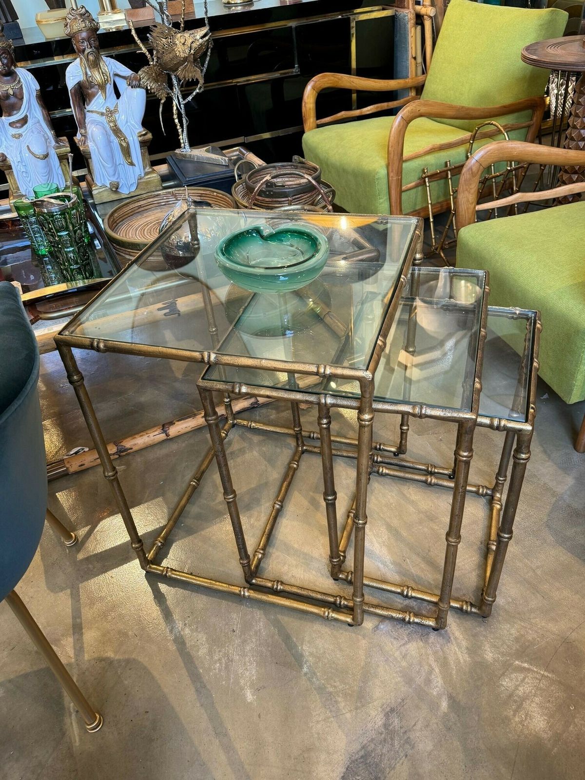 A Set Of Three French 1970s Faux Bamboo Gilt Metal Nest Of Tables, With Glass Shelves photo furniture
