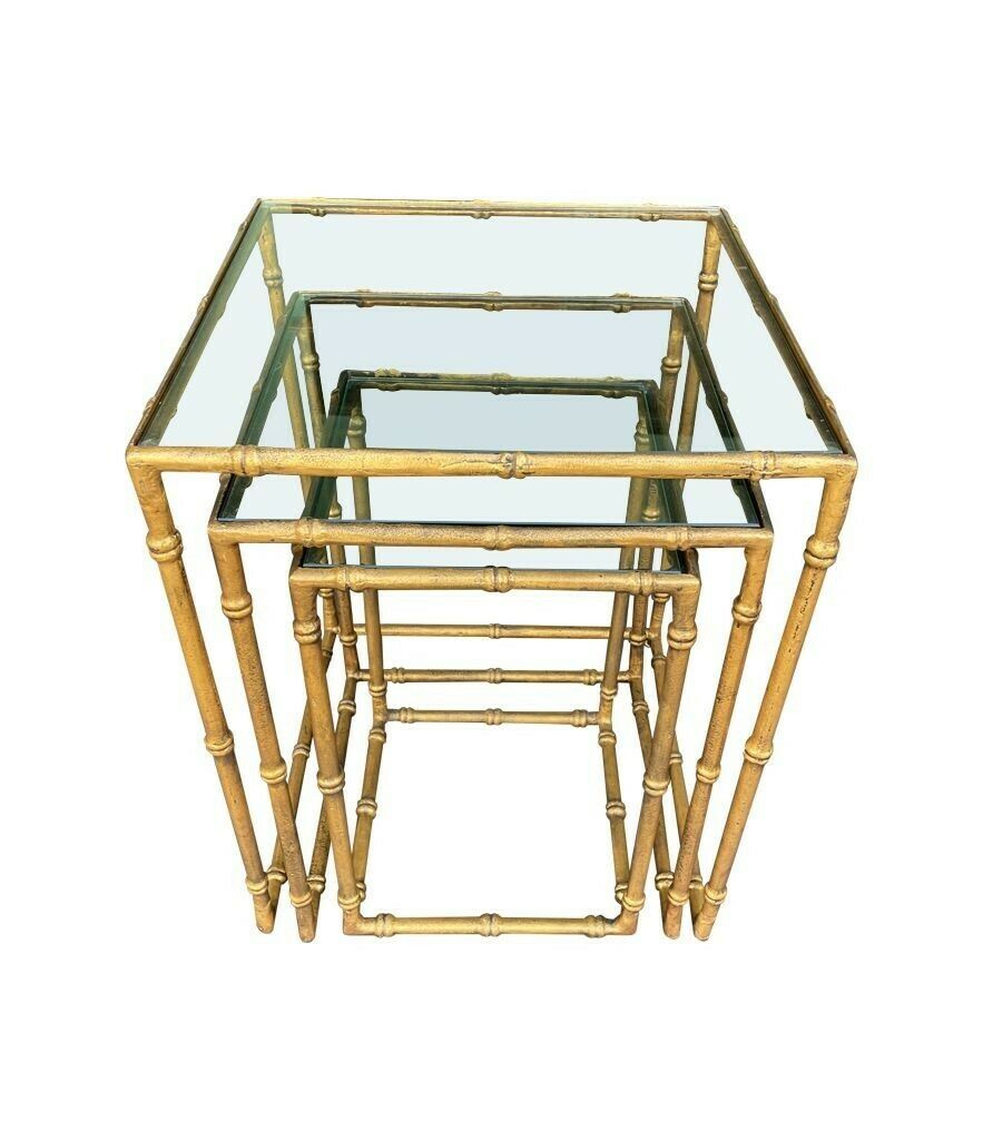 A Set Of Three French 1970s Faux Bamboo Gilt Metal Nest Of Tables, With Glass Shelves photo Furniture