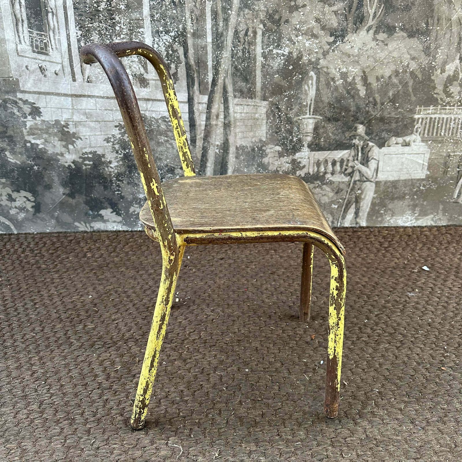 Yellow Chippy Paint | French Vintage Mullca/Mobilor Mid Century Children’s School Chair photo for sale