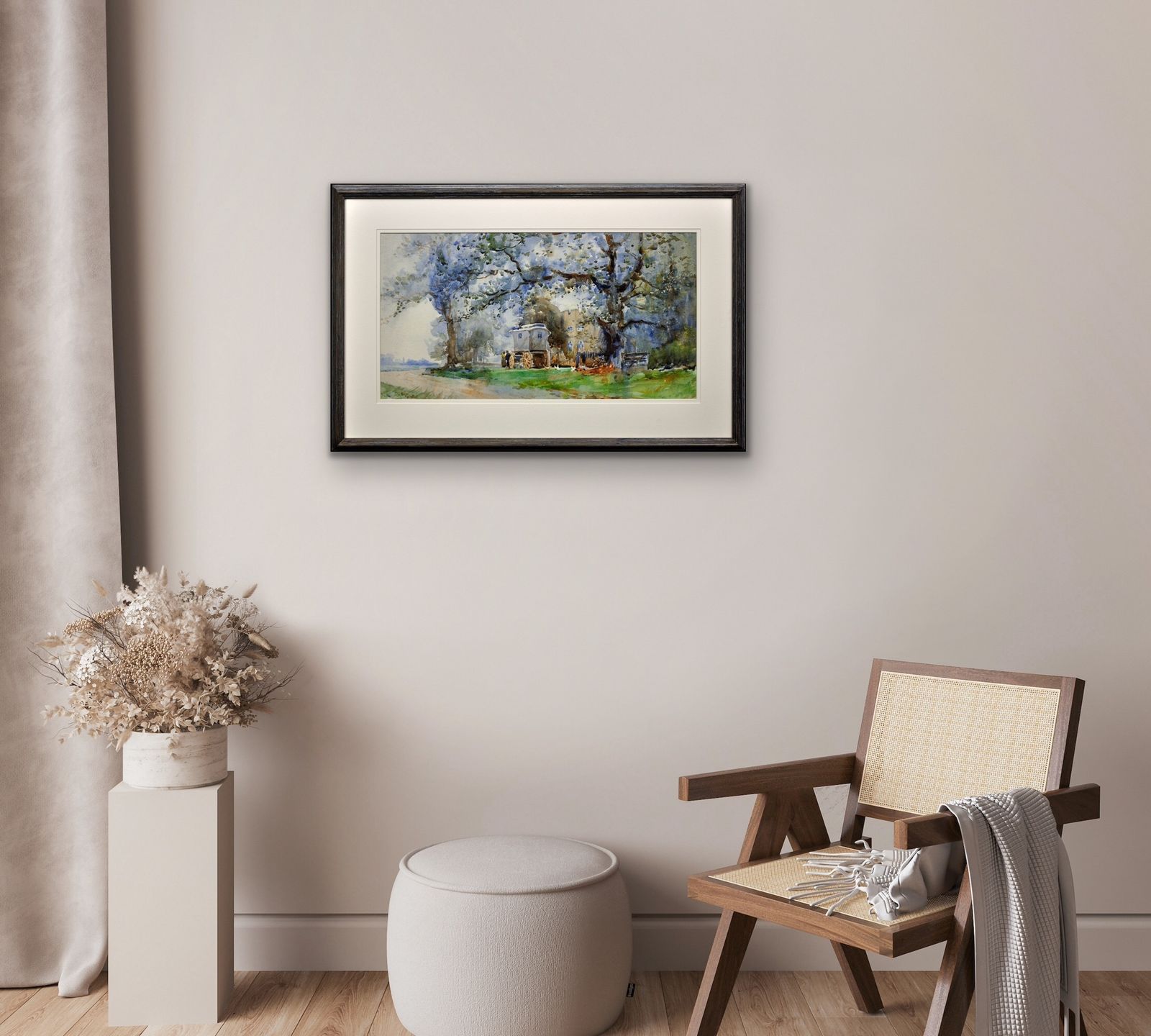 Edgar Woollatt 1871 To 1931. Romany Gypsy Caravan At The Round House, Clifton Lane, Wilford, Nottingham Circa 1910. Framed Watercolour Painting. photo vintage