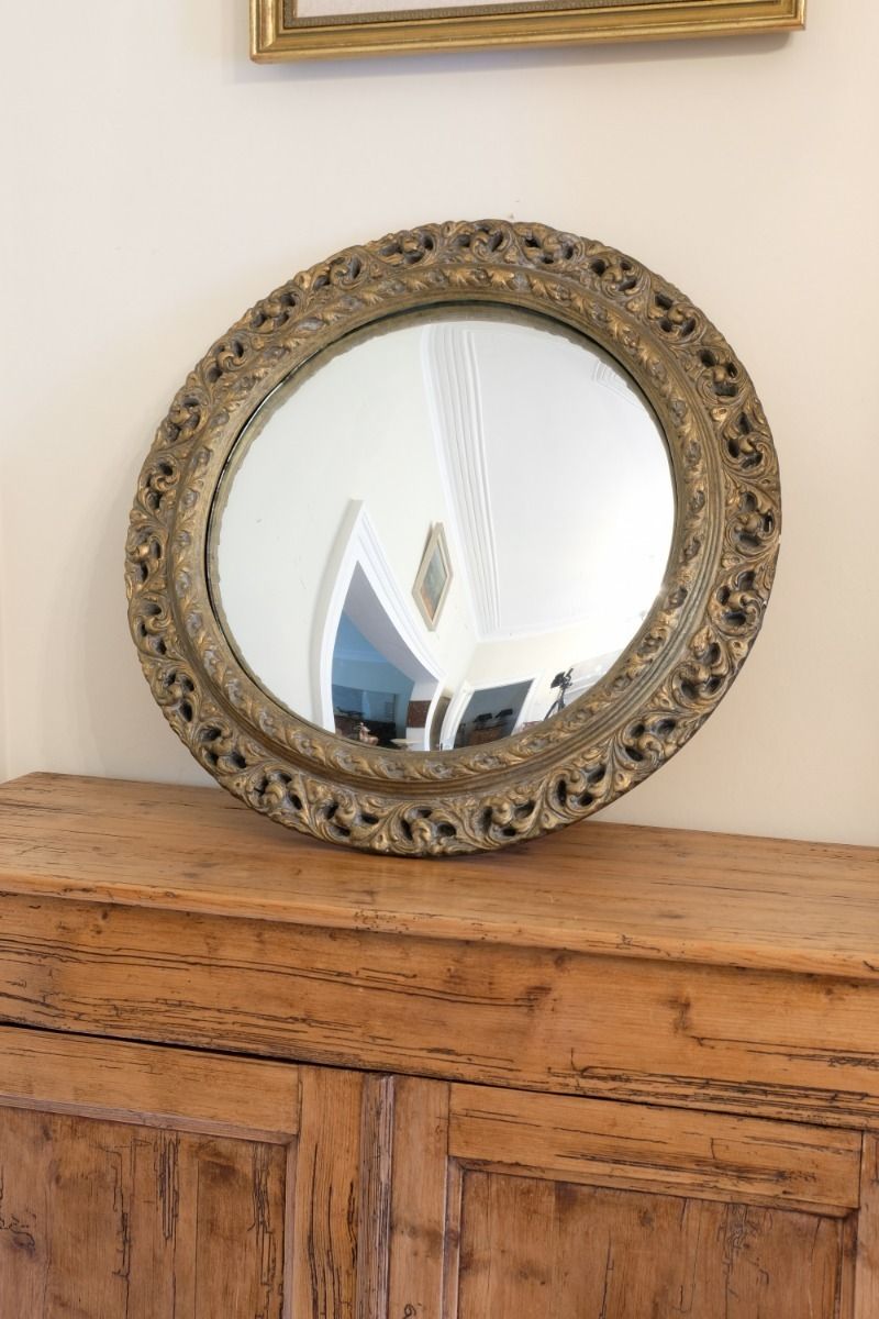 photo for sale 19th Century Round Convex Mirror With Pierced Giltwood Frame