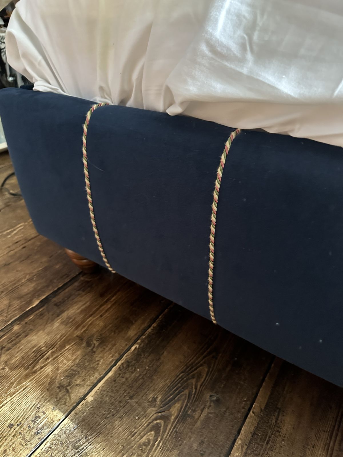 photo furniture Soho Home Manette Double Bed In Blue Velvet With A Pink And Green Trim