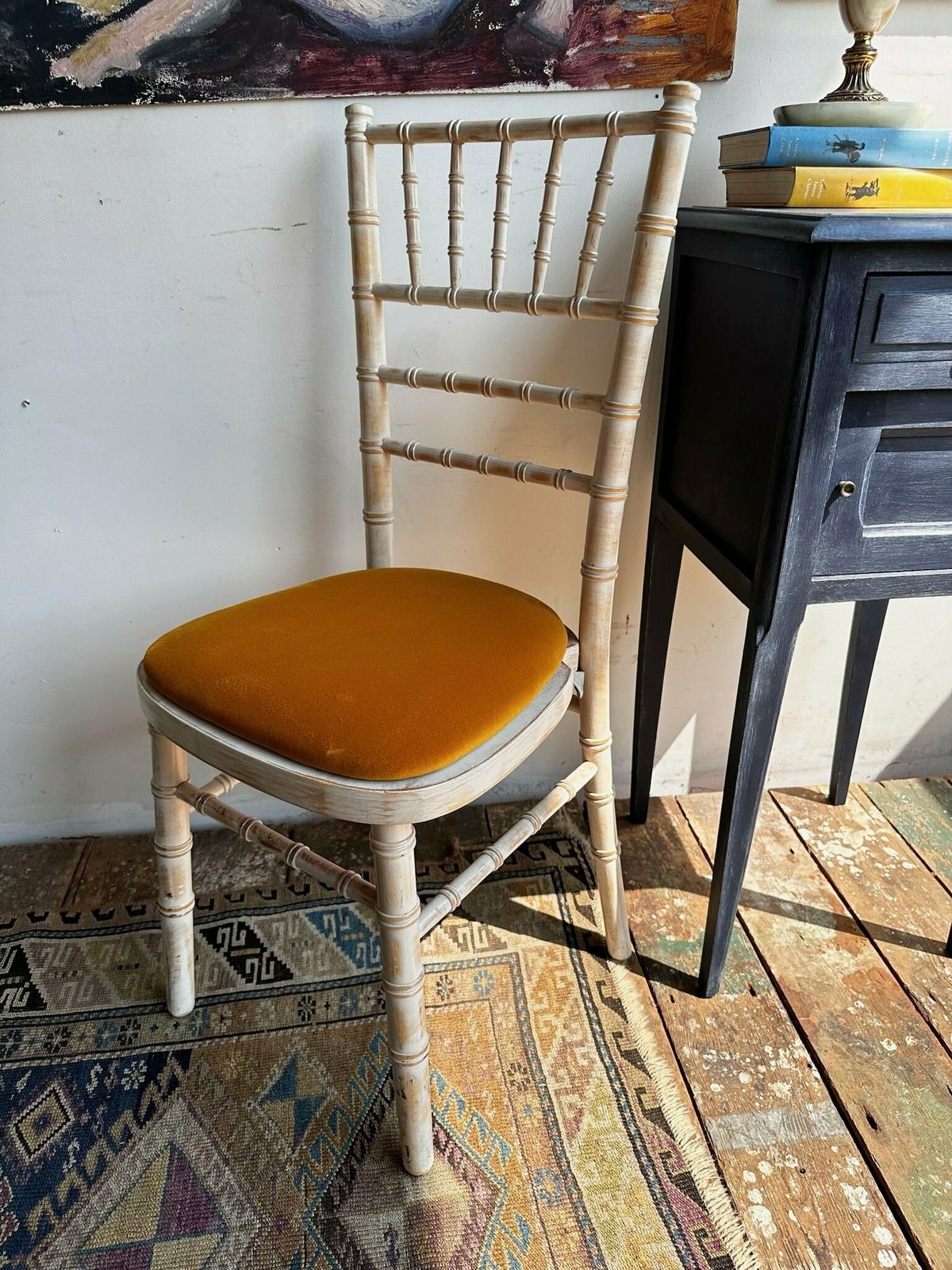 photo furniture Selection Of Faux Bamboo Chairs W/ Wooden, Leatherette Or Velvet Seats C.1980