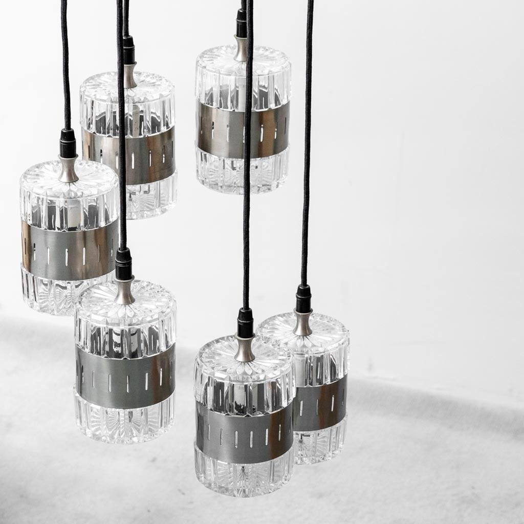 Chandelier 6 Lights Glass Metal 70s Vintage Modern Antiques photo for sale