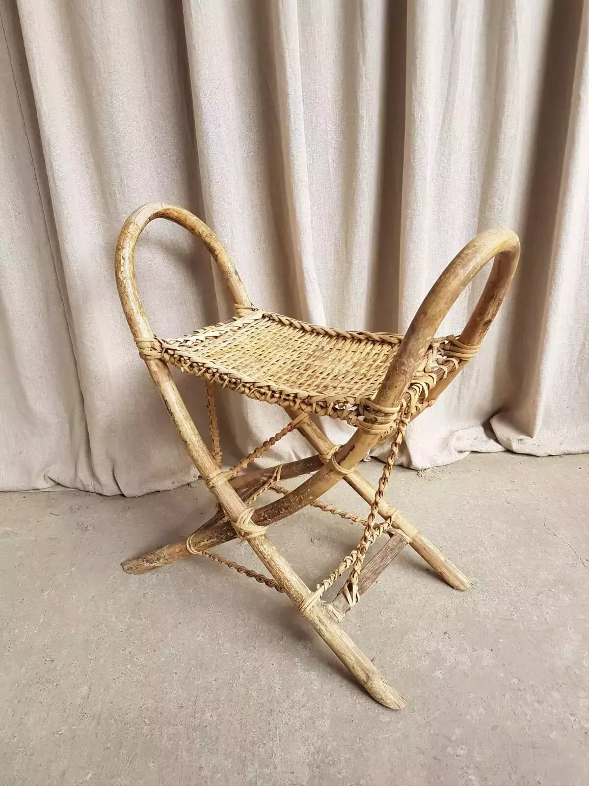 Vtg Early Mid Century Antique 30s Tribal Wicker Stool Bench Bamboo Retro R556 photo vinterior