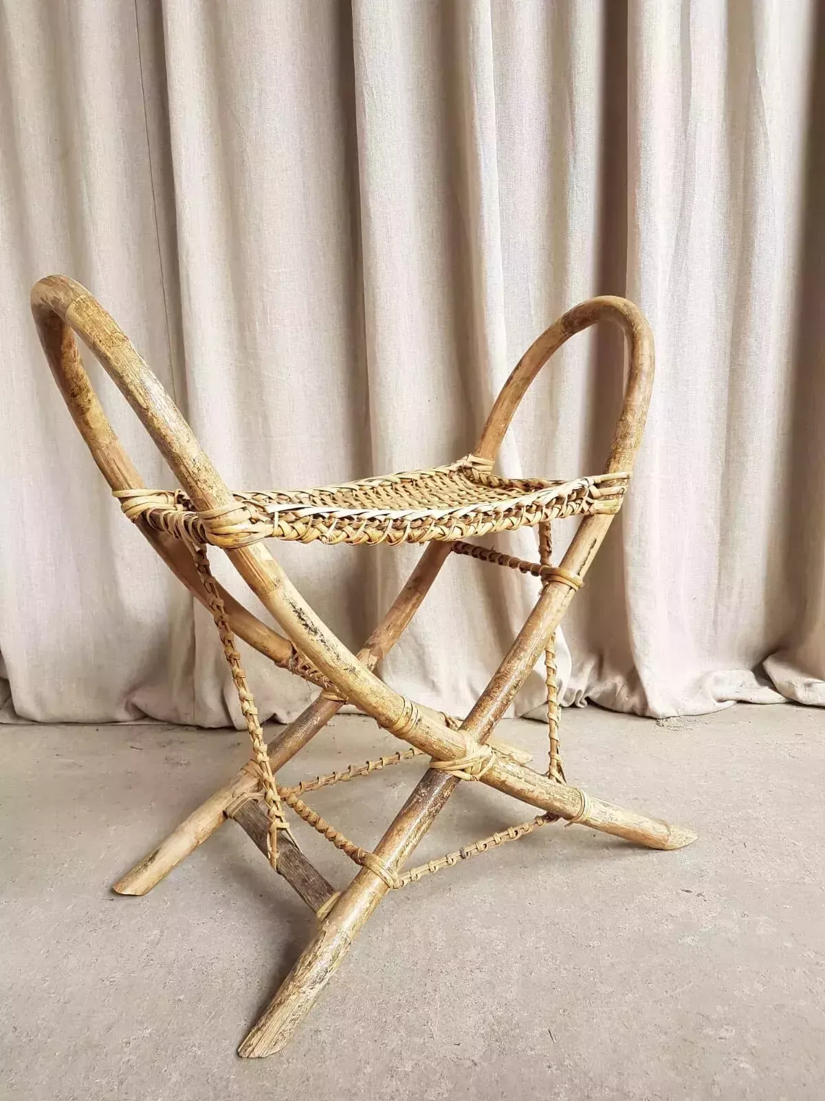 Vtg Early Mid Century Antique 30s Tribal Wicker Stool Bench Bamboo Retro R556 photo vintage