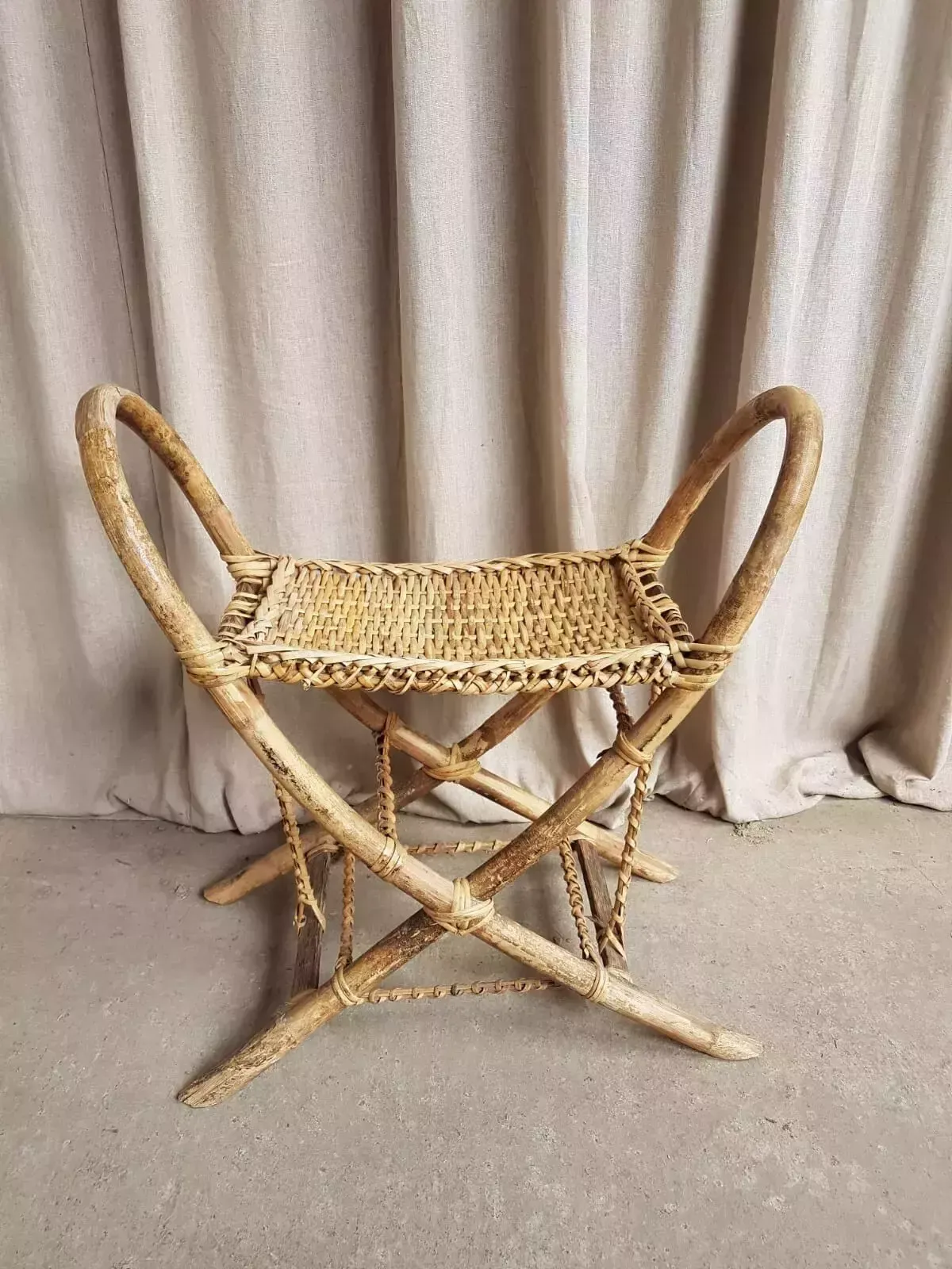 photo for sale Vtg Early Mid Century Antique 30s Tribal Wicker Stool Bench Bamboo Retro R556