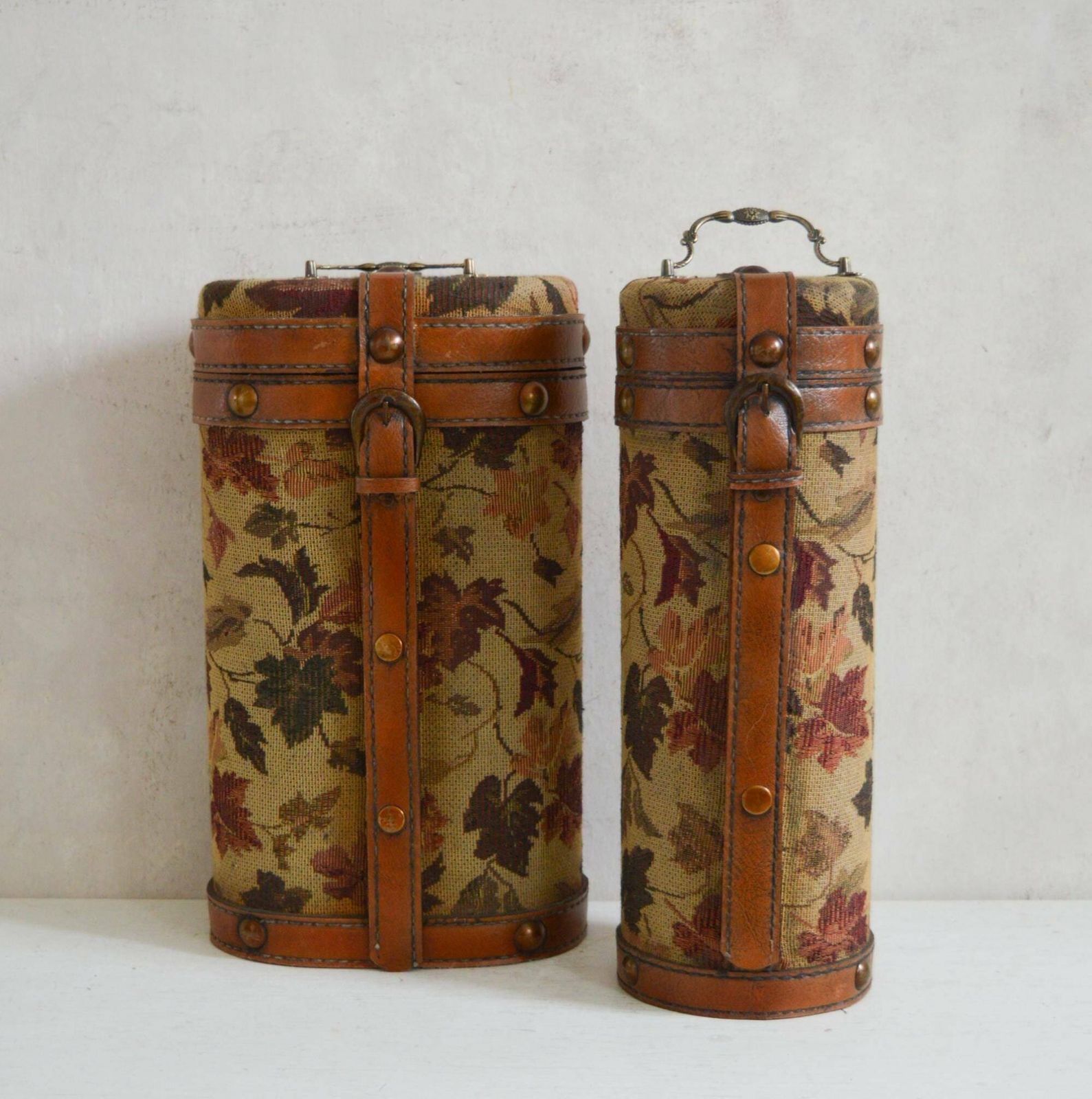 Vintage Set Of 2  Wooden Wine Bottle Carriers With Tapestry Fabric Studs, Buckle And Handles