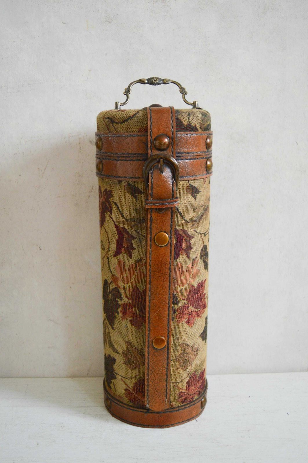 Vintage Set Of 2  Wooden Wine Bottle Carriers With Tapestry Fabric Studs, Buckle And Handles photo 90.0