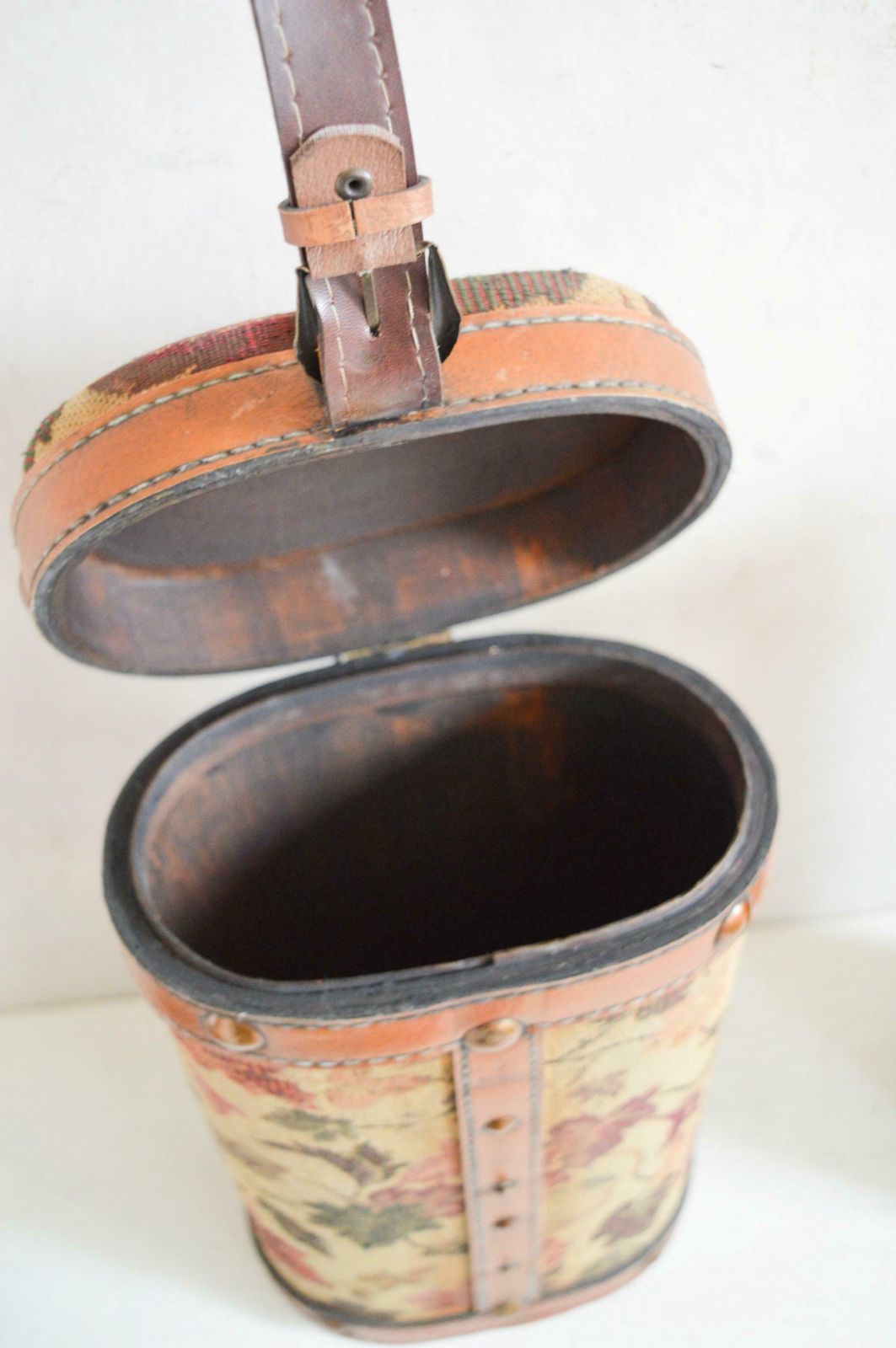 photo furniture Vintage Set Of 2  Wooden Wine Bottle Carriers With Tapestry Fabric Studs, Buckle And Handles
